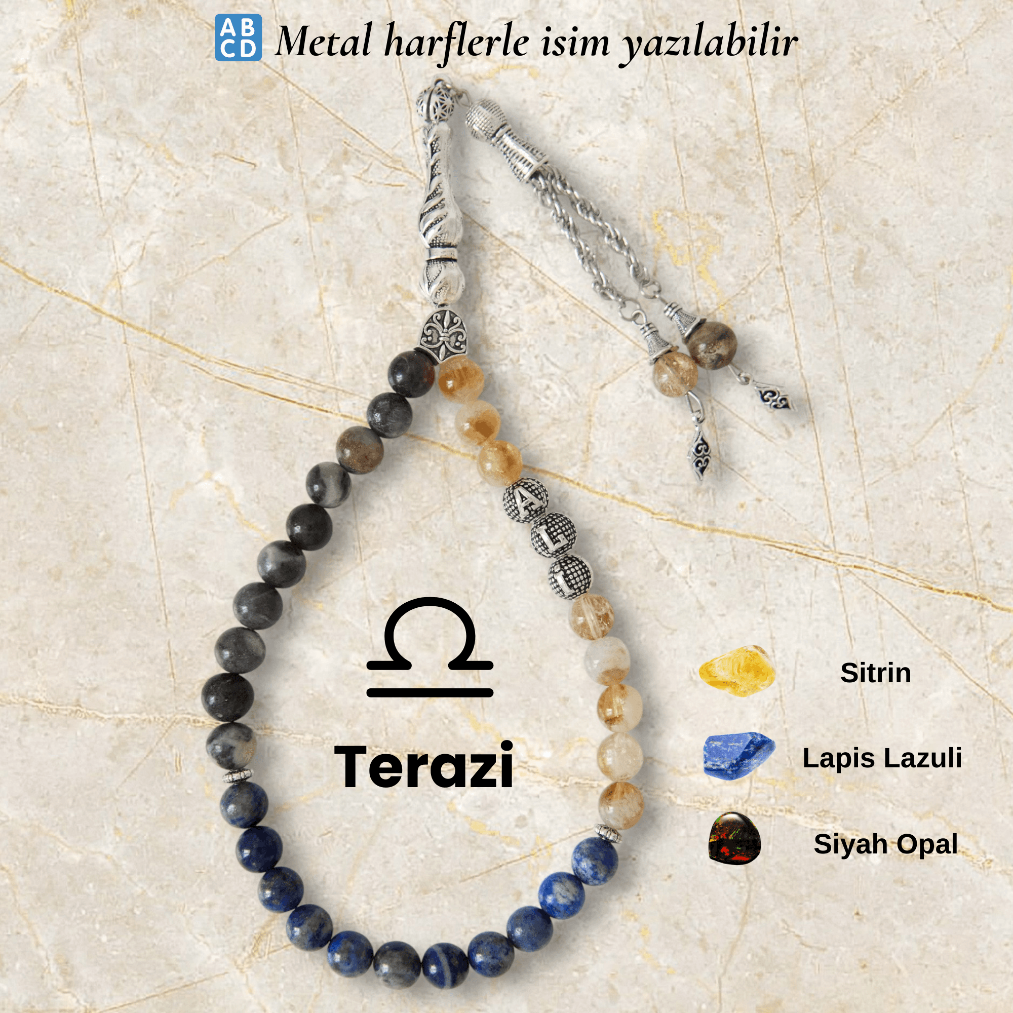 Terazi Burcu Doğal Taş Tespih – Kişiye Özel İsimli