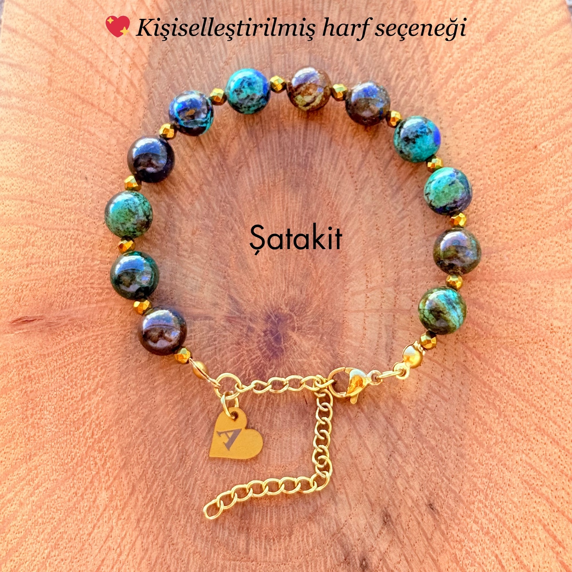 Şatakit Doğal Taş Bileklik – Kişisel Harf Seçenekli Gold
