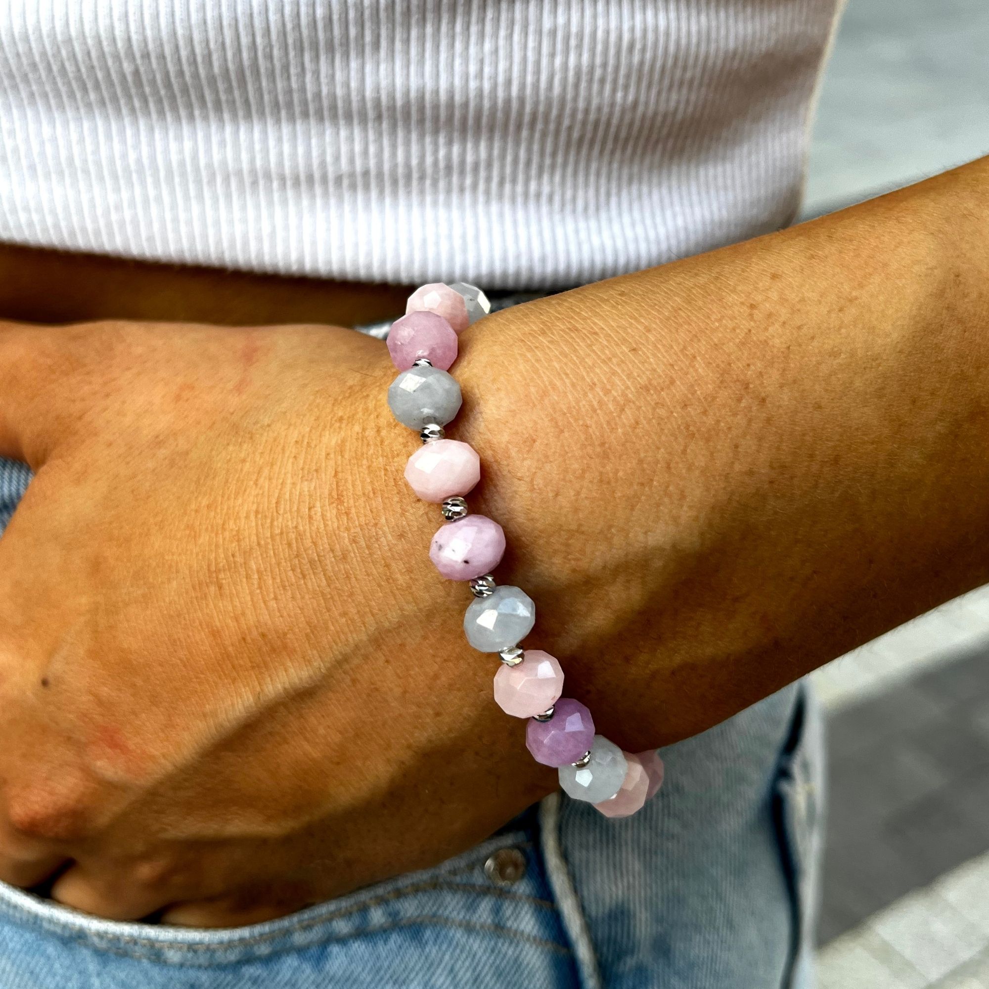 Facet Cut Kunzite-Aquamarine-Rose Quartz Gemstone 'Elegance' Bracelet