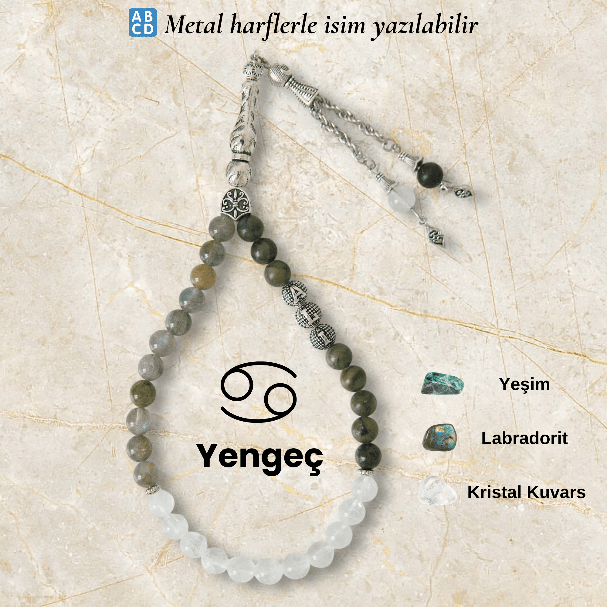Yengeç Burcu Doğal Taş Tespih – Kişiye Özel İsimli
