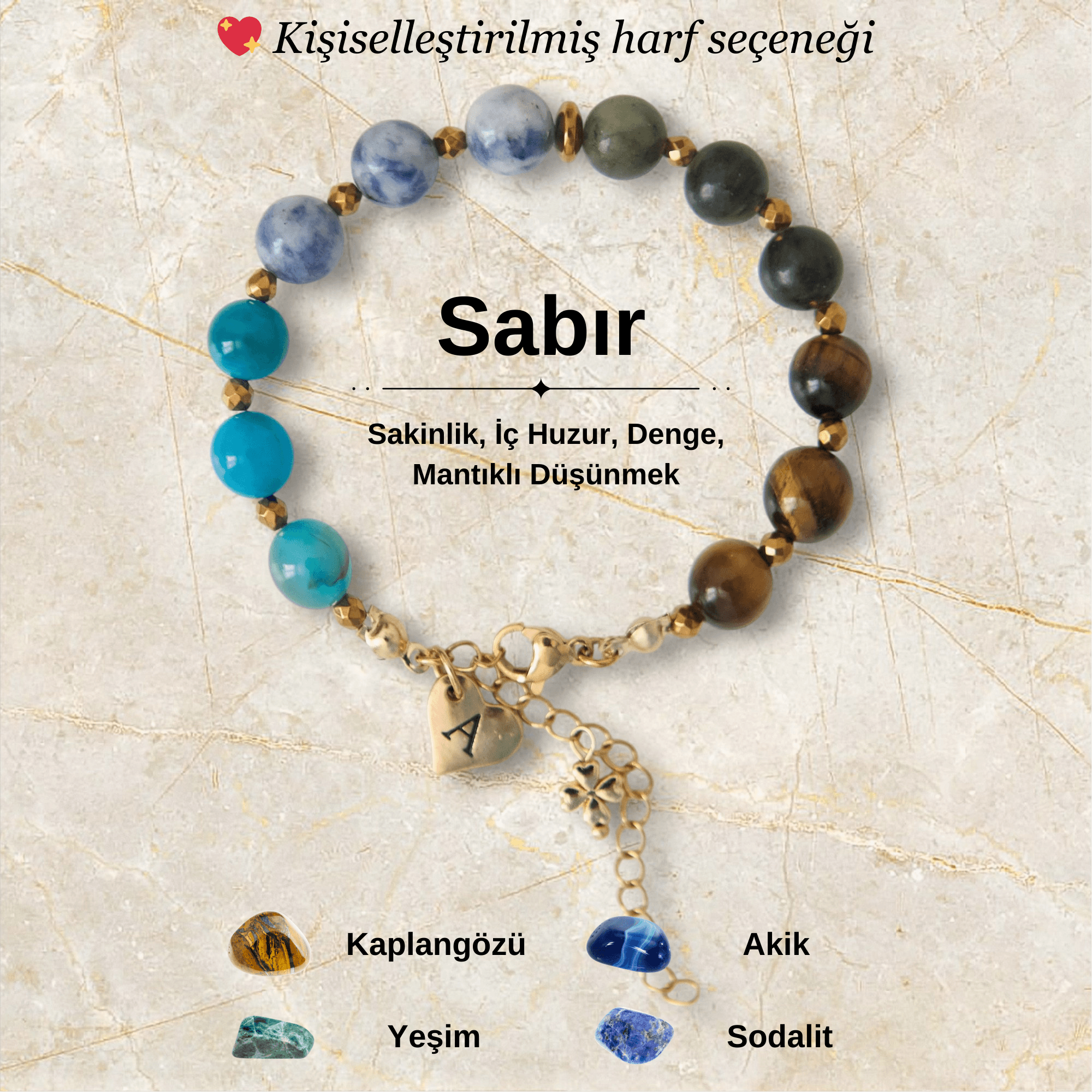Kişiye Özel Sabır Temalı Doğal Taş Çelik Bileklik