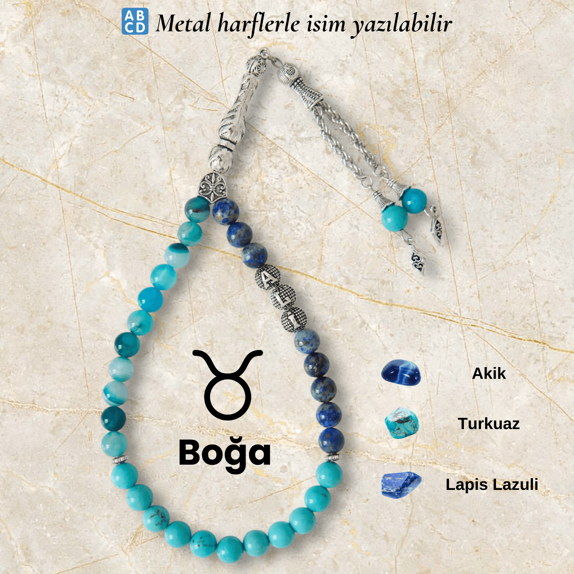 Boğa Burcu Doğal Taş Tespih – Kişiye Özel İsimli