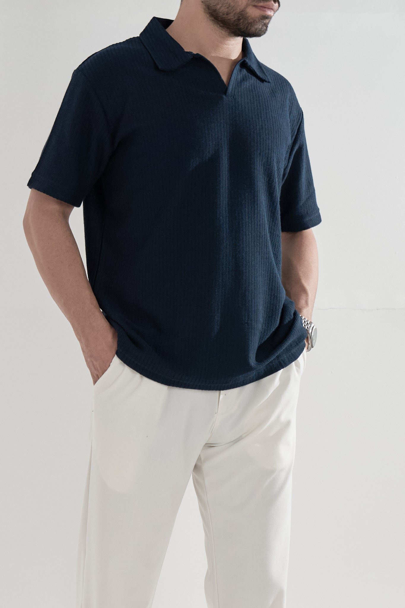 Lacivert Polo Yaka Dokulu T-shirt
