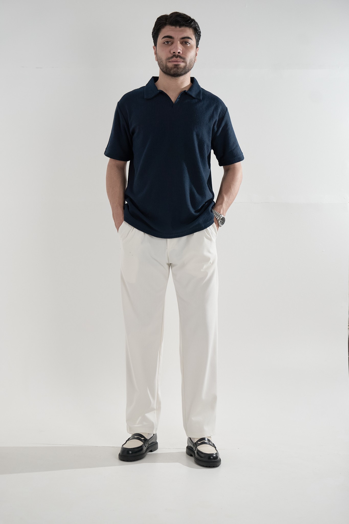 Lacivert Polo Yaka Dokulu T-shirt
