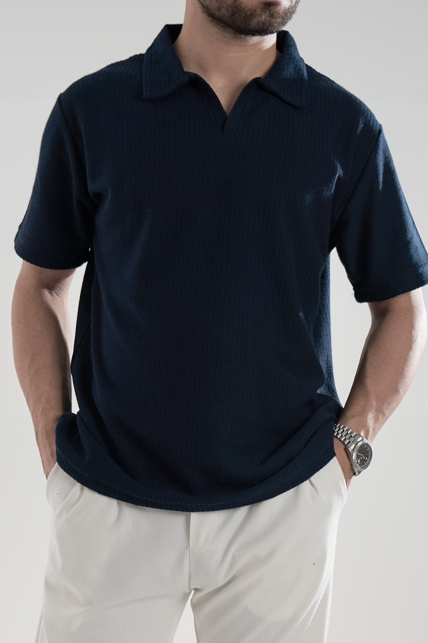 Lacivert Polo Yaka Dokulu T-shirt