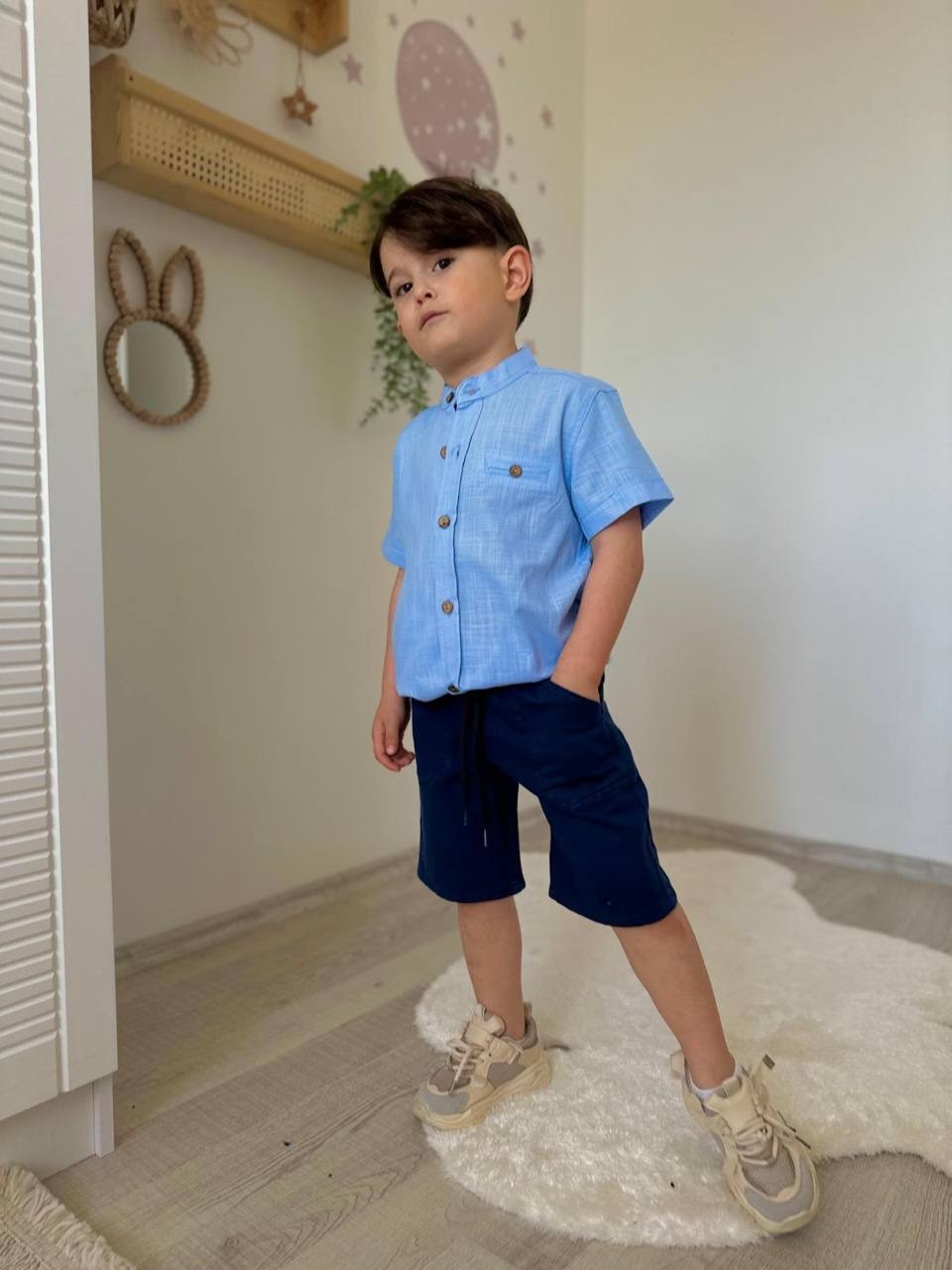 Mavi Gömlek Lacivert Kot Şort Takım