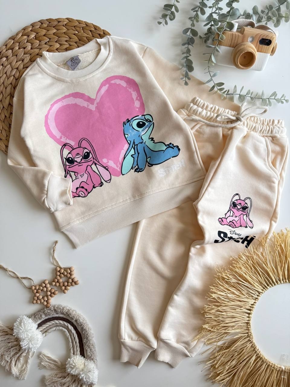 Krem Stitch Baskılı Takım