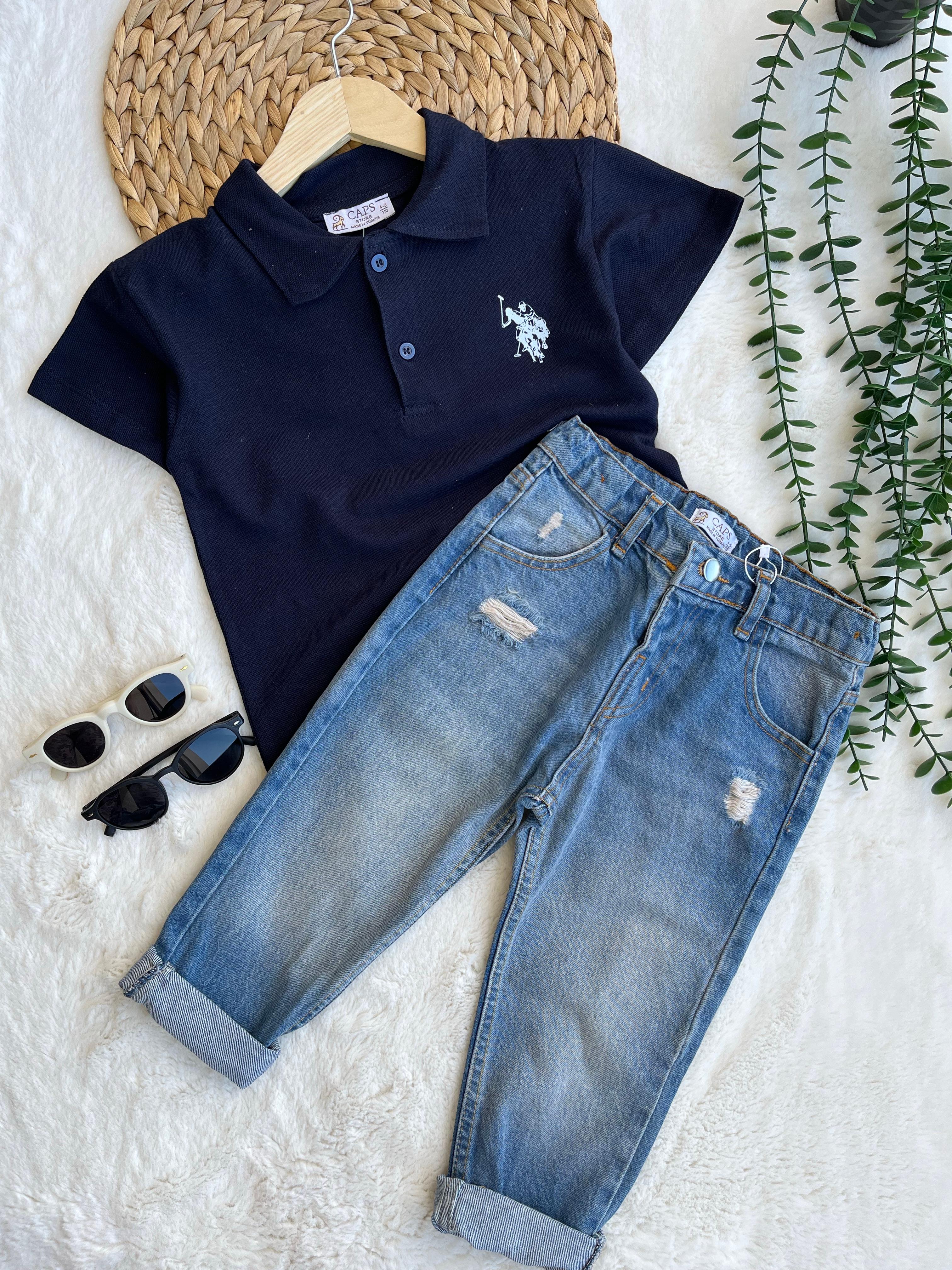 Lacivert Detaylı Tişört Pantalon Takım