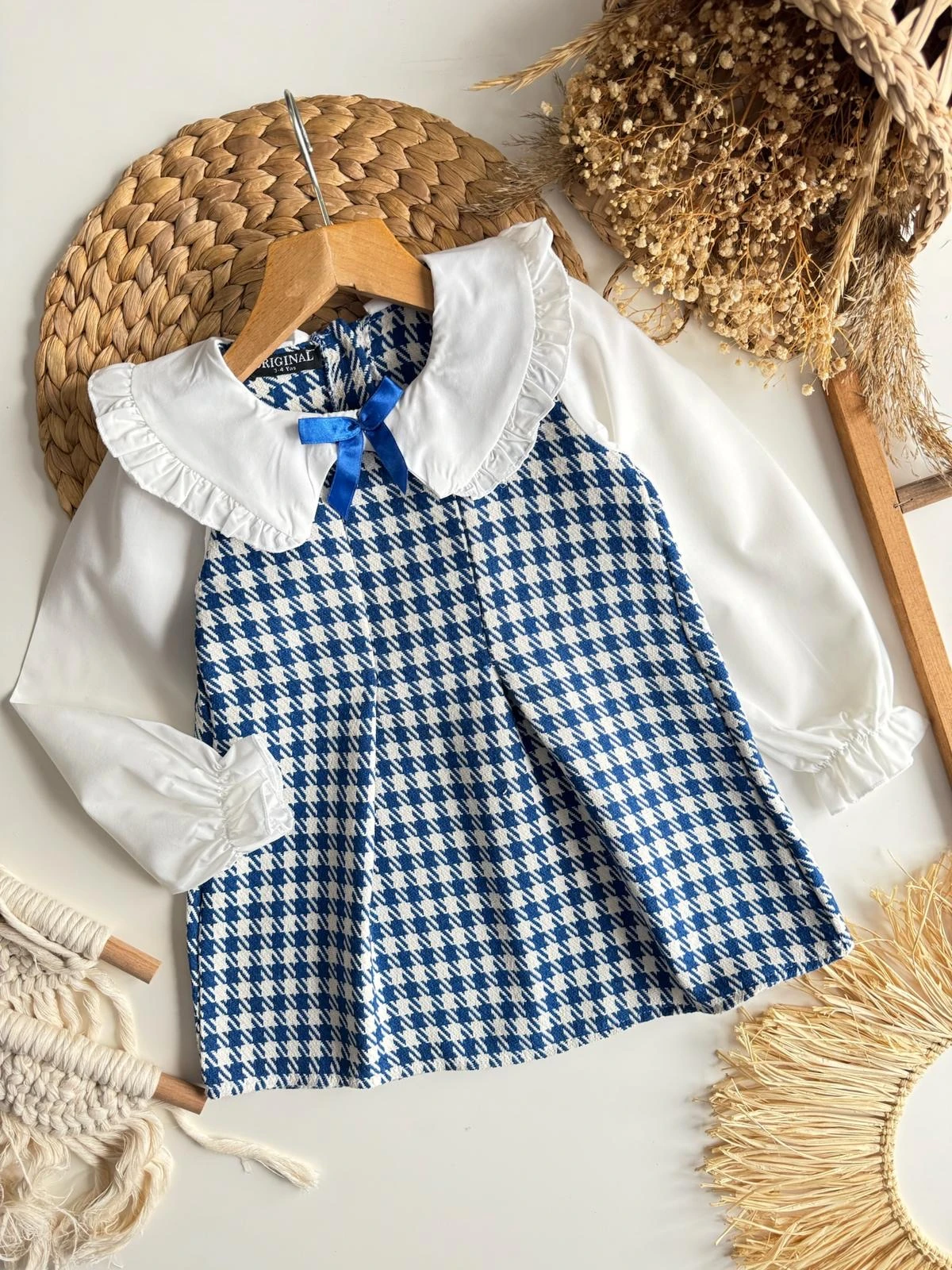 Mavi Renkli Kaz Ayağı Desenli Elbise 