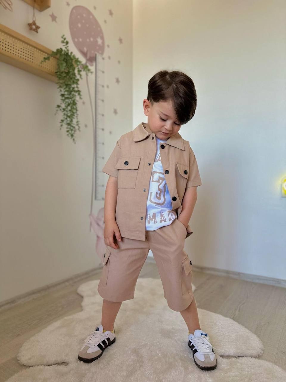 Krem 3lü Vintage Baskılı Gabardin 