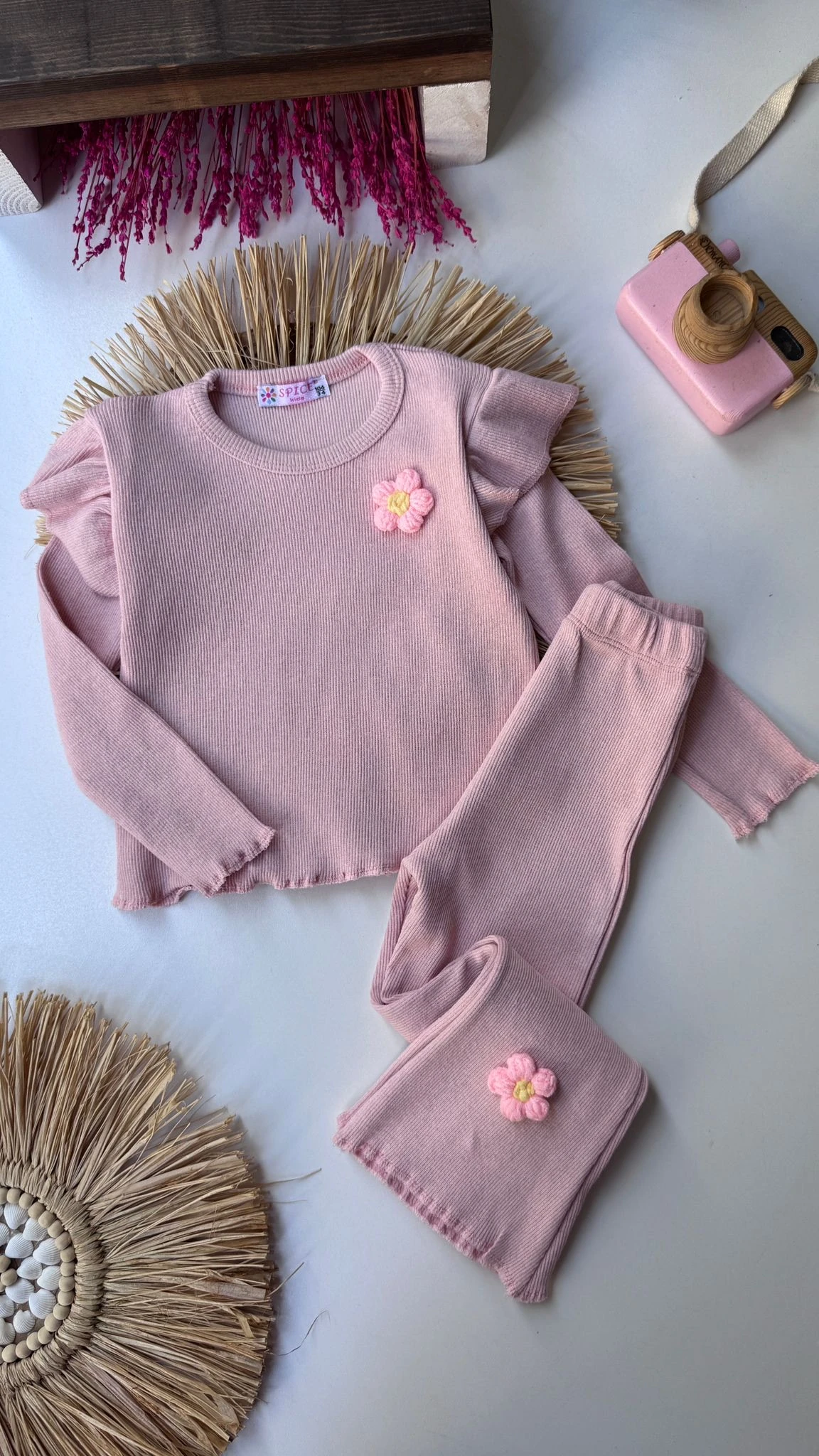 Pembe Kaşkorse Çiçek Motifli Takım