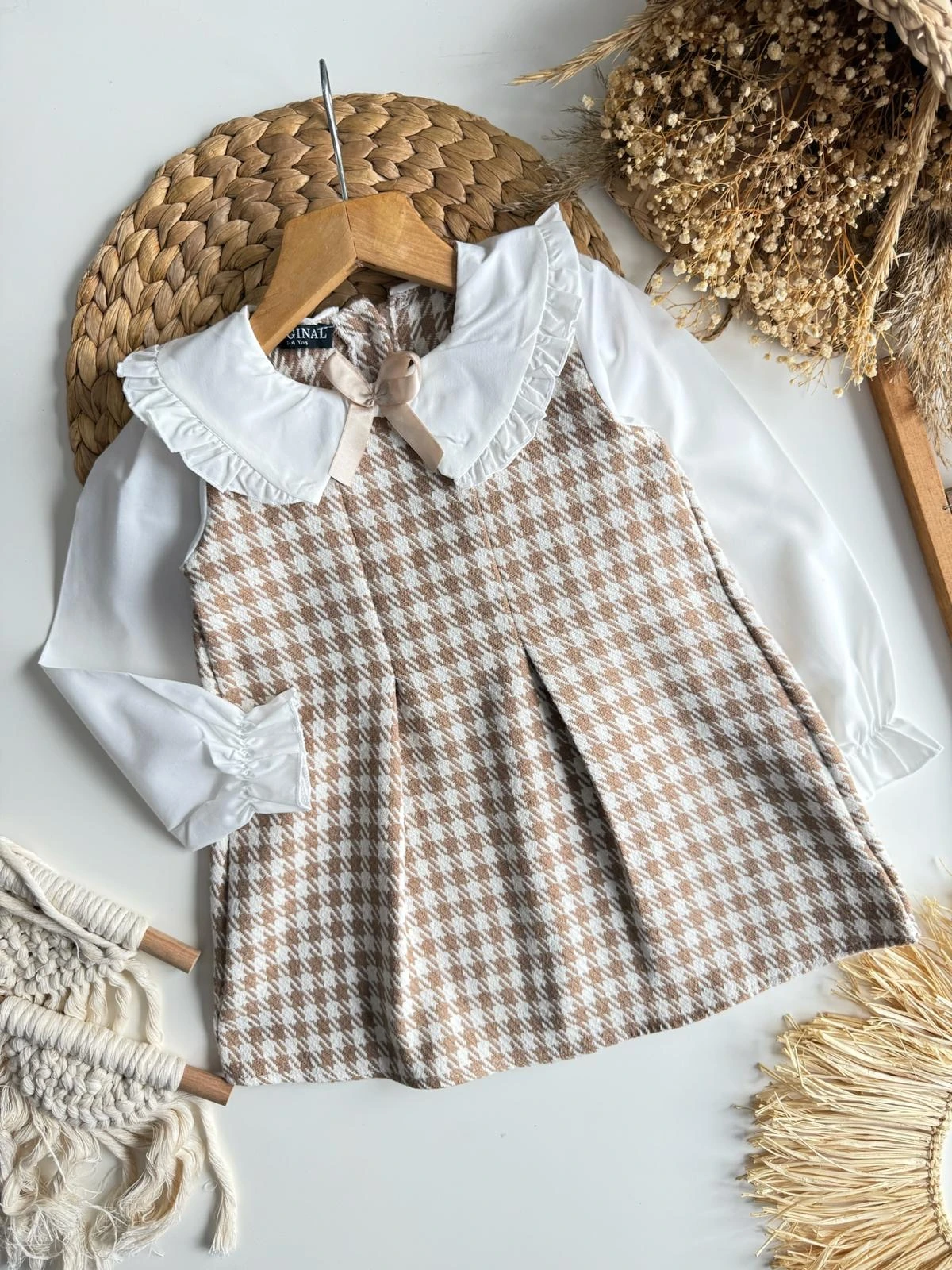 Kapiçino Renkli Kaz Ayağı Desenli Elbise 