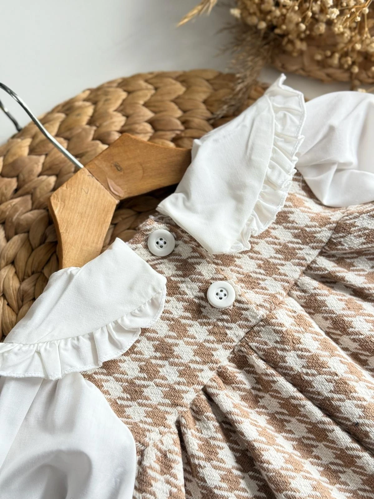 Kapiçino Renkli Kaz Ayağı Desenli Elbise 