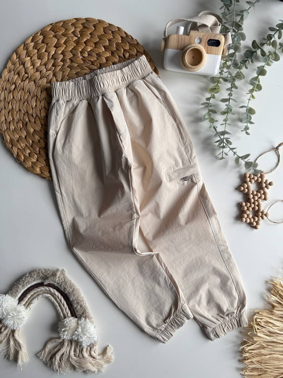 Krem Paraşüt Kumaş Jogger Pantalon
