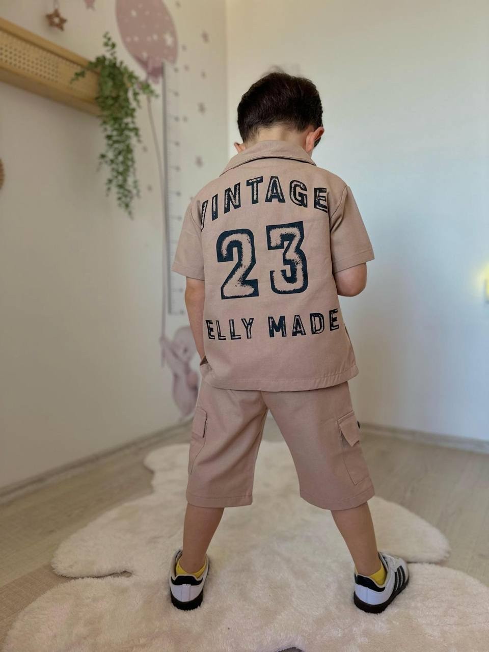 Krem 3lü Vintage Baskılı Gabardin 