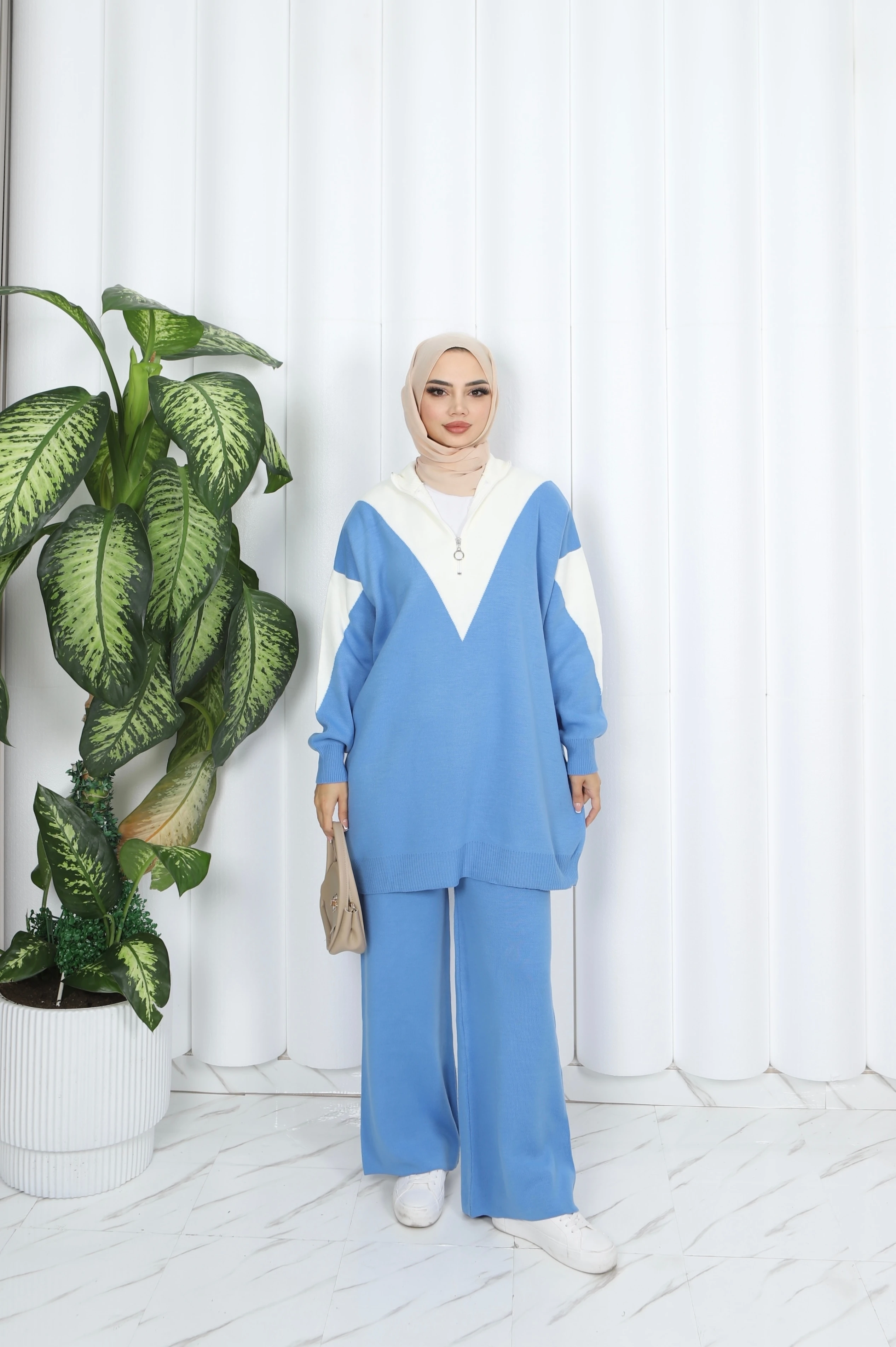 Fermuarlı İki Renk Triko Takım