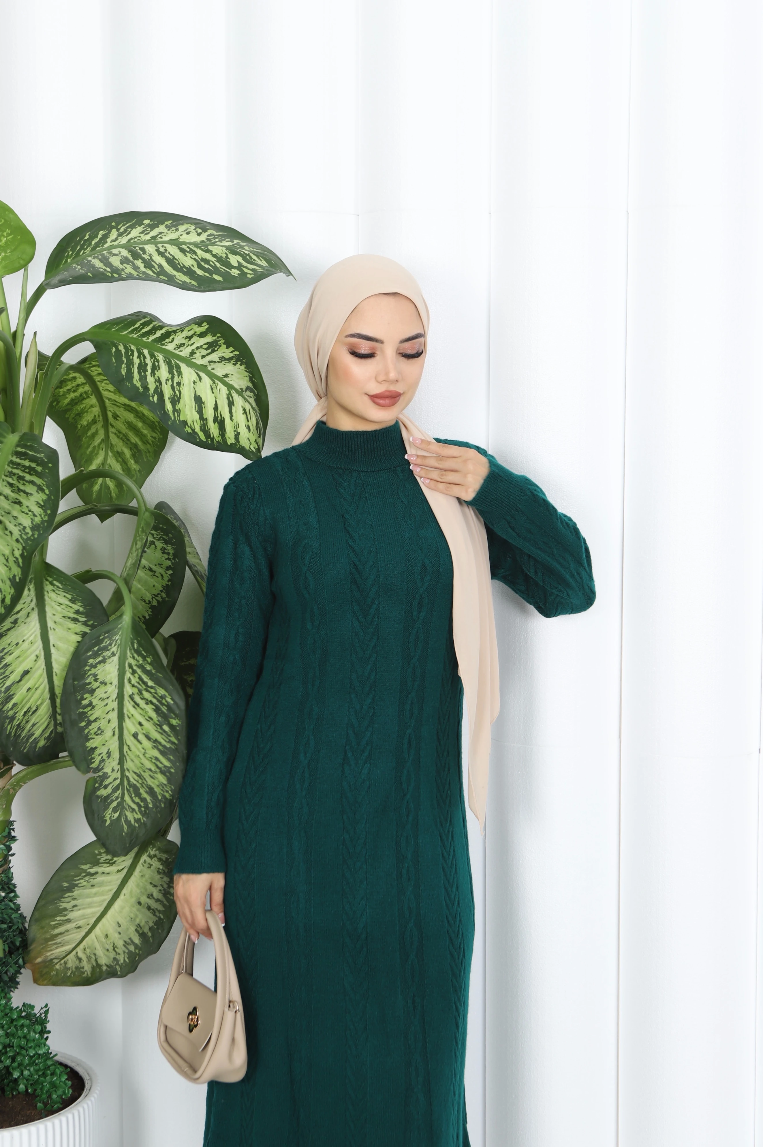 Saç Örgü Şeritli Triko Elbise