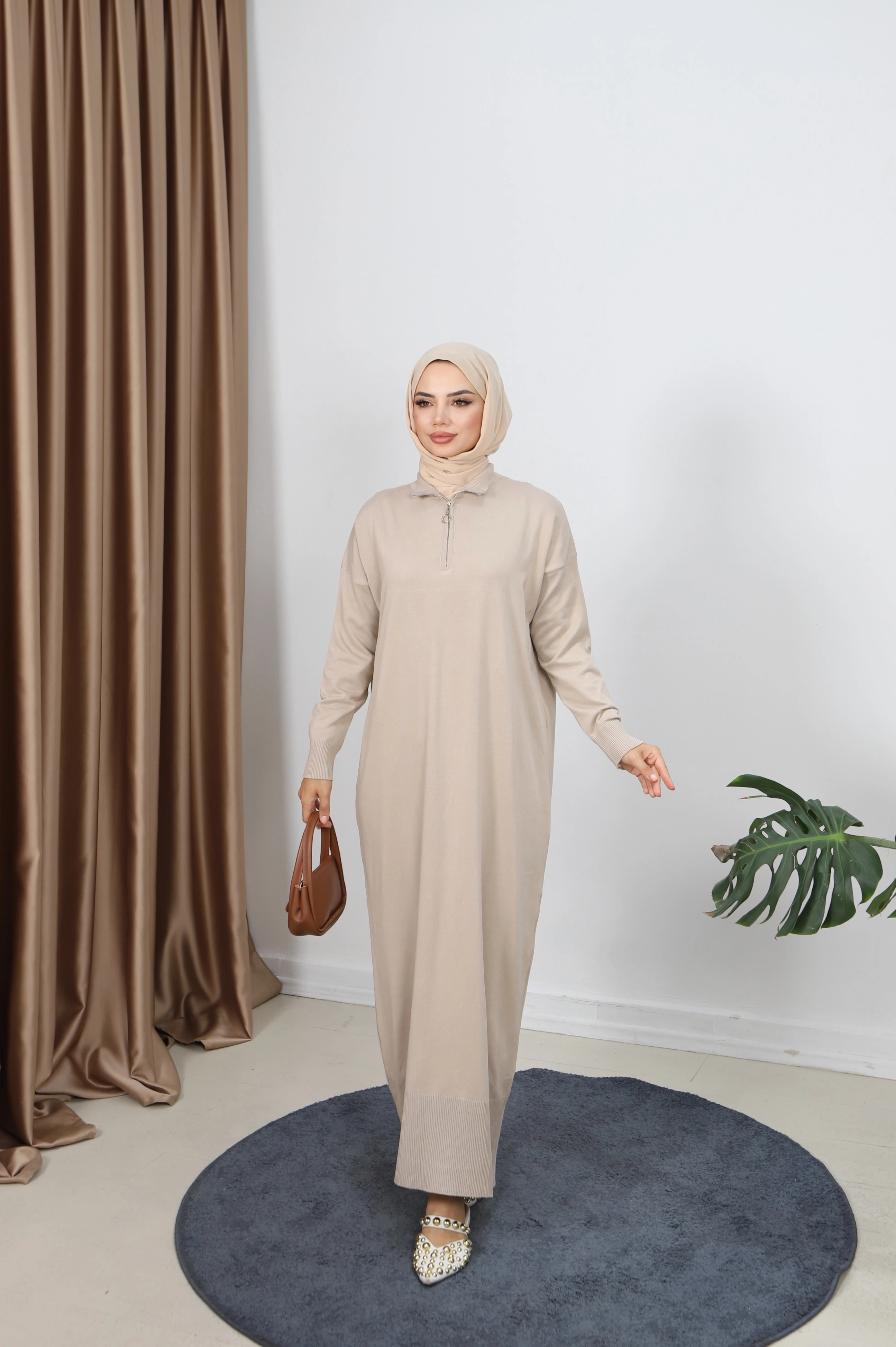 Fermuarlı Merserize Elbise