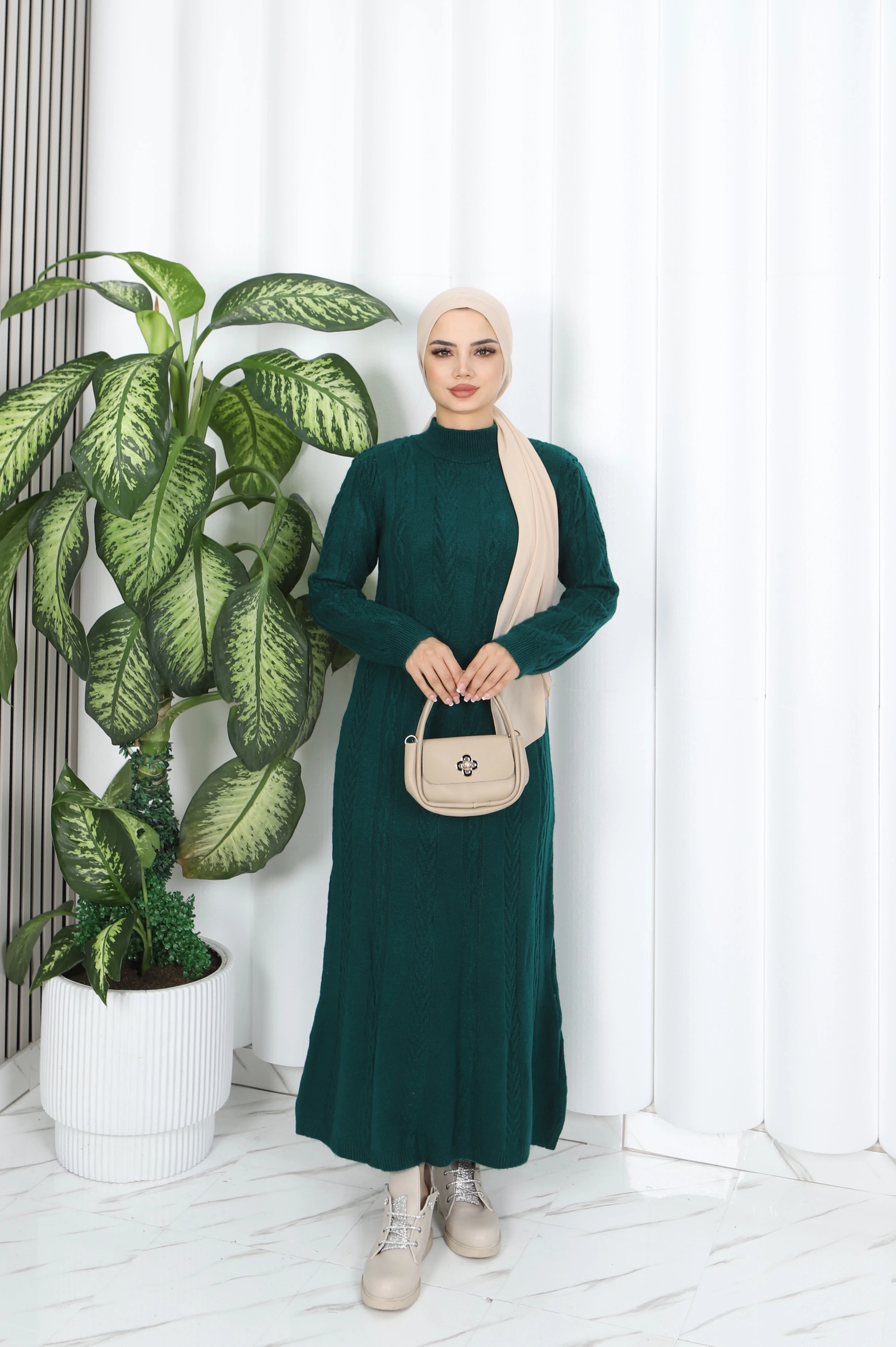 Saç Örgü Şeritli Triko Elbise