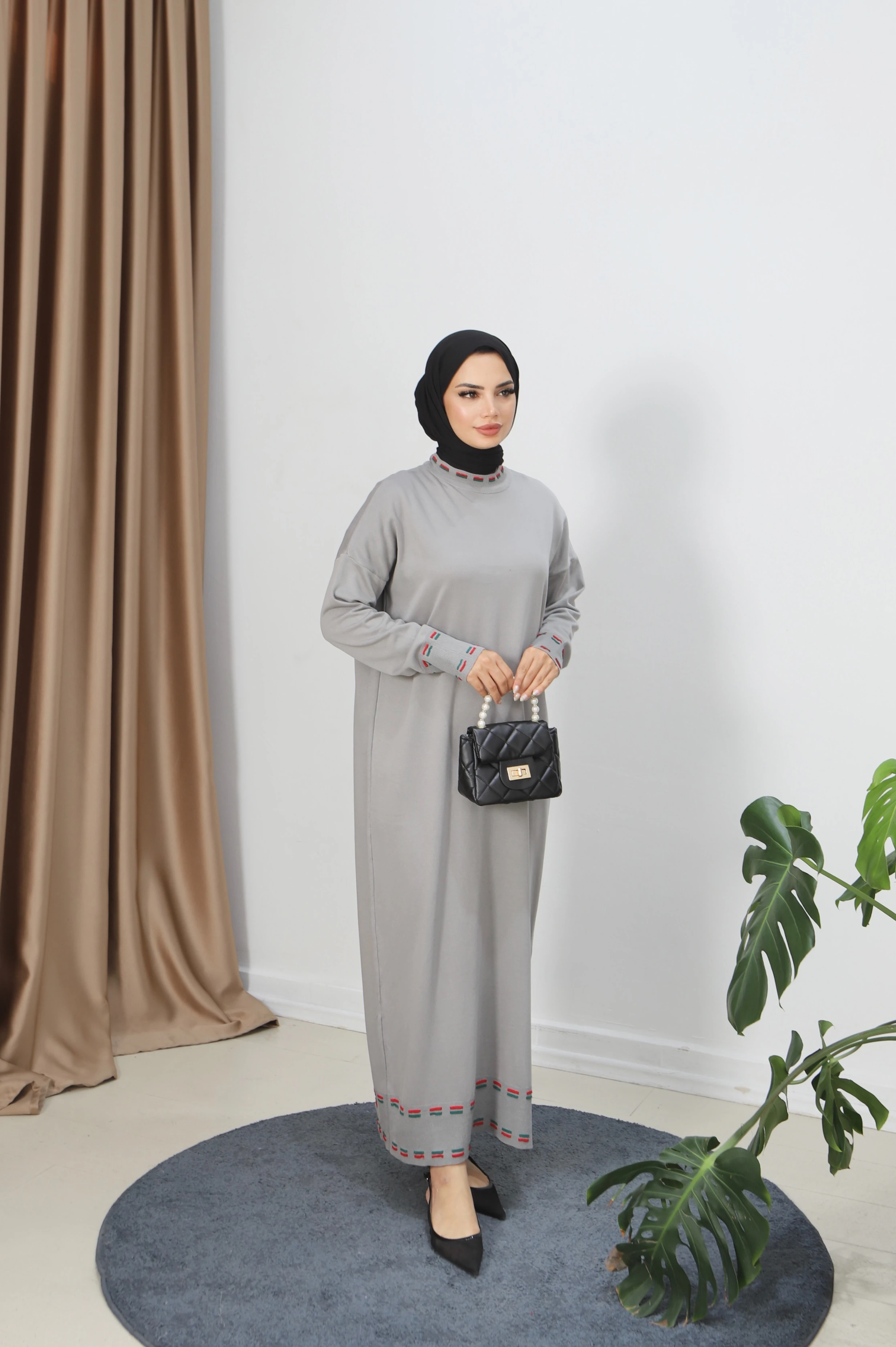 Şeritli Çift Renk Merserize Elbise