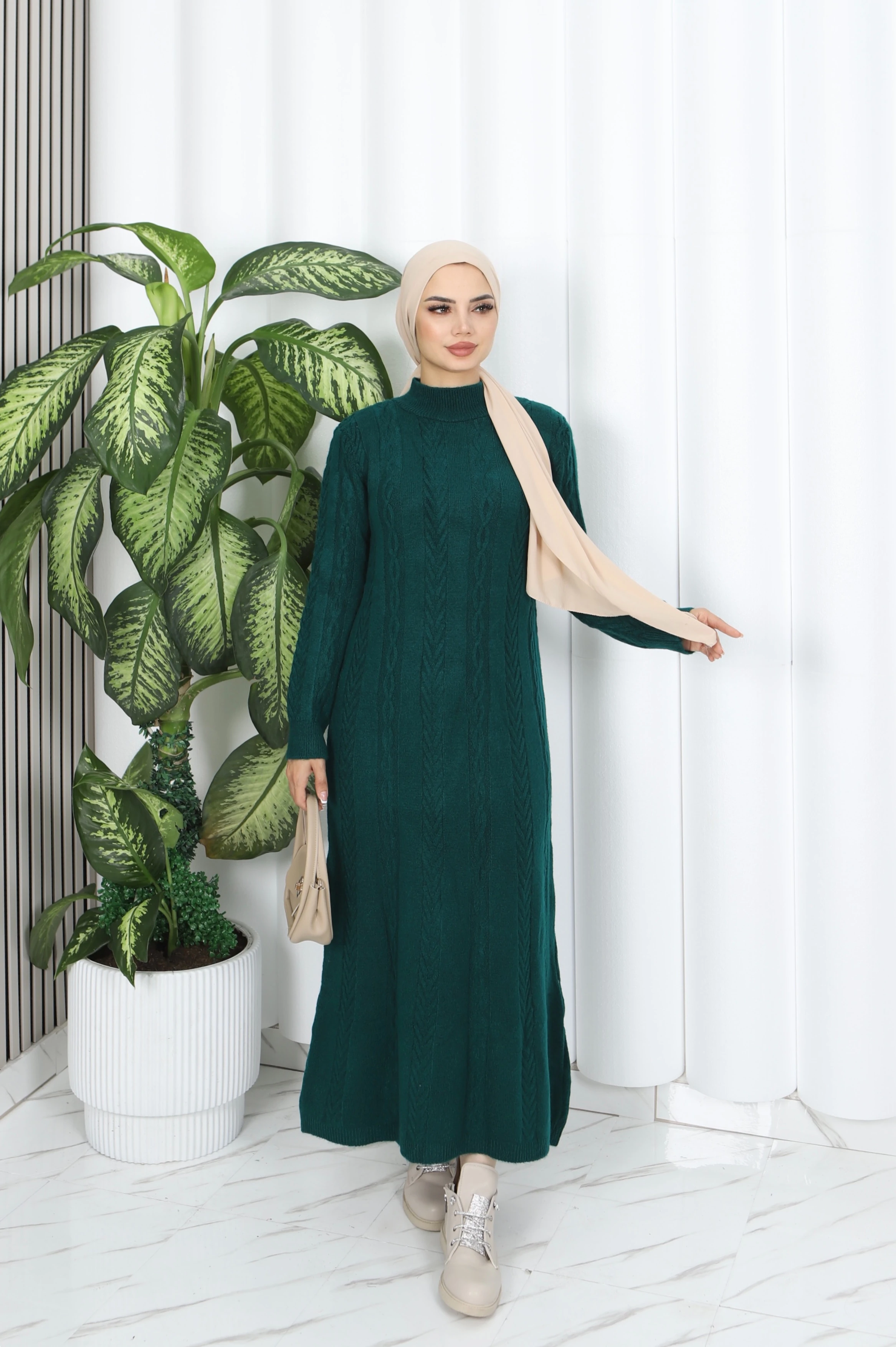 Saç Örgü Şeritli Triko Elbise