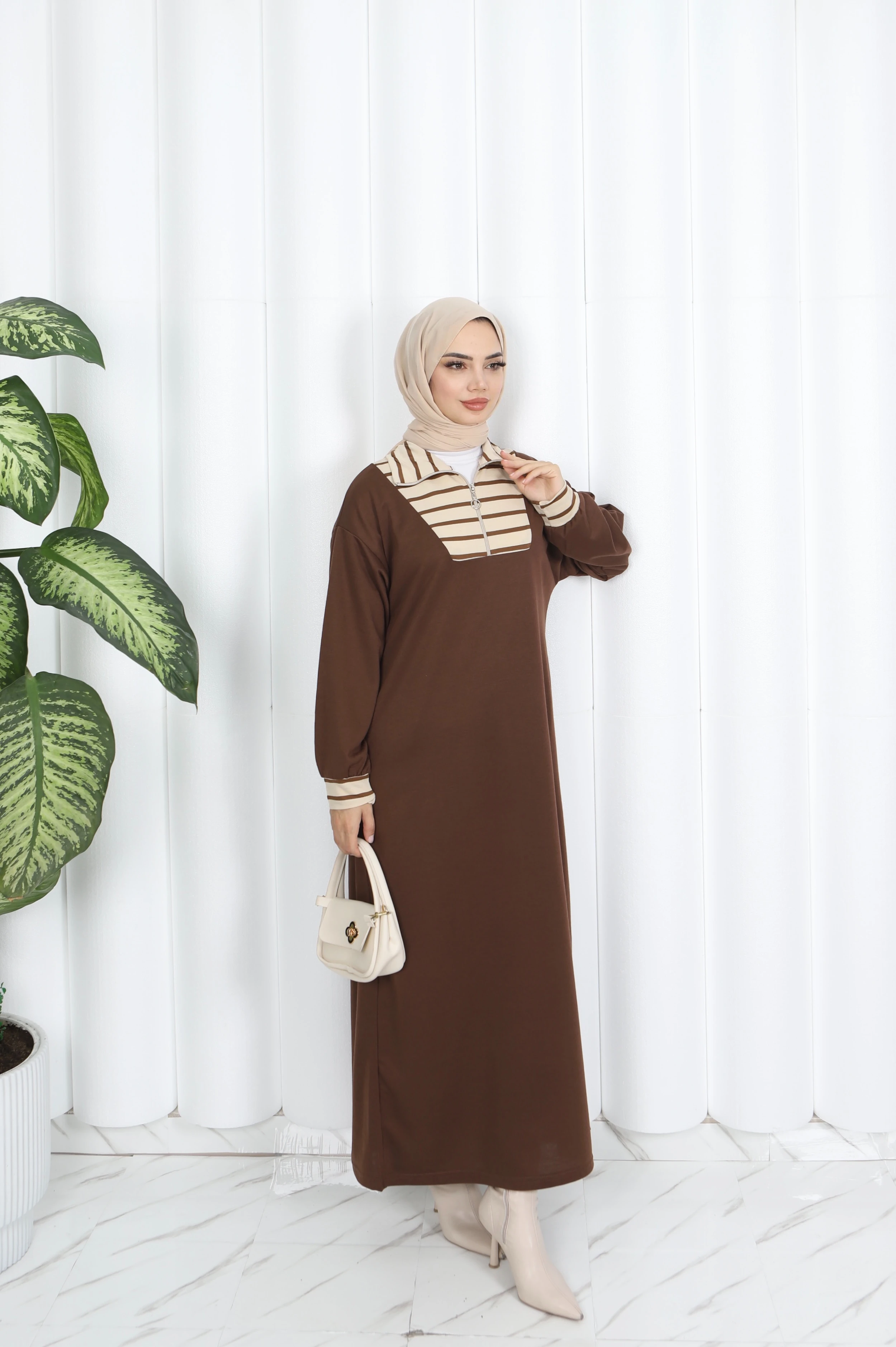 Çizgili Fermuarlı İki İp Elbise