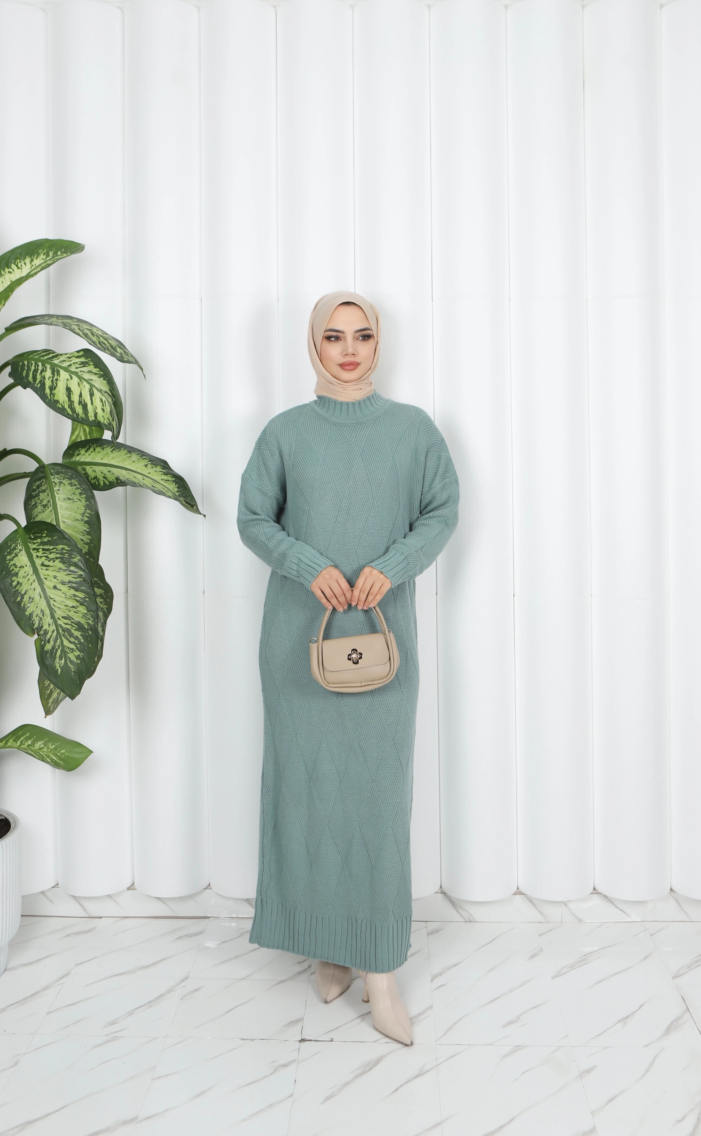 Baklava Desenli Triko Elbise