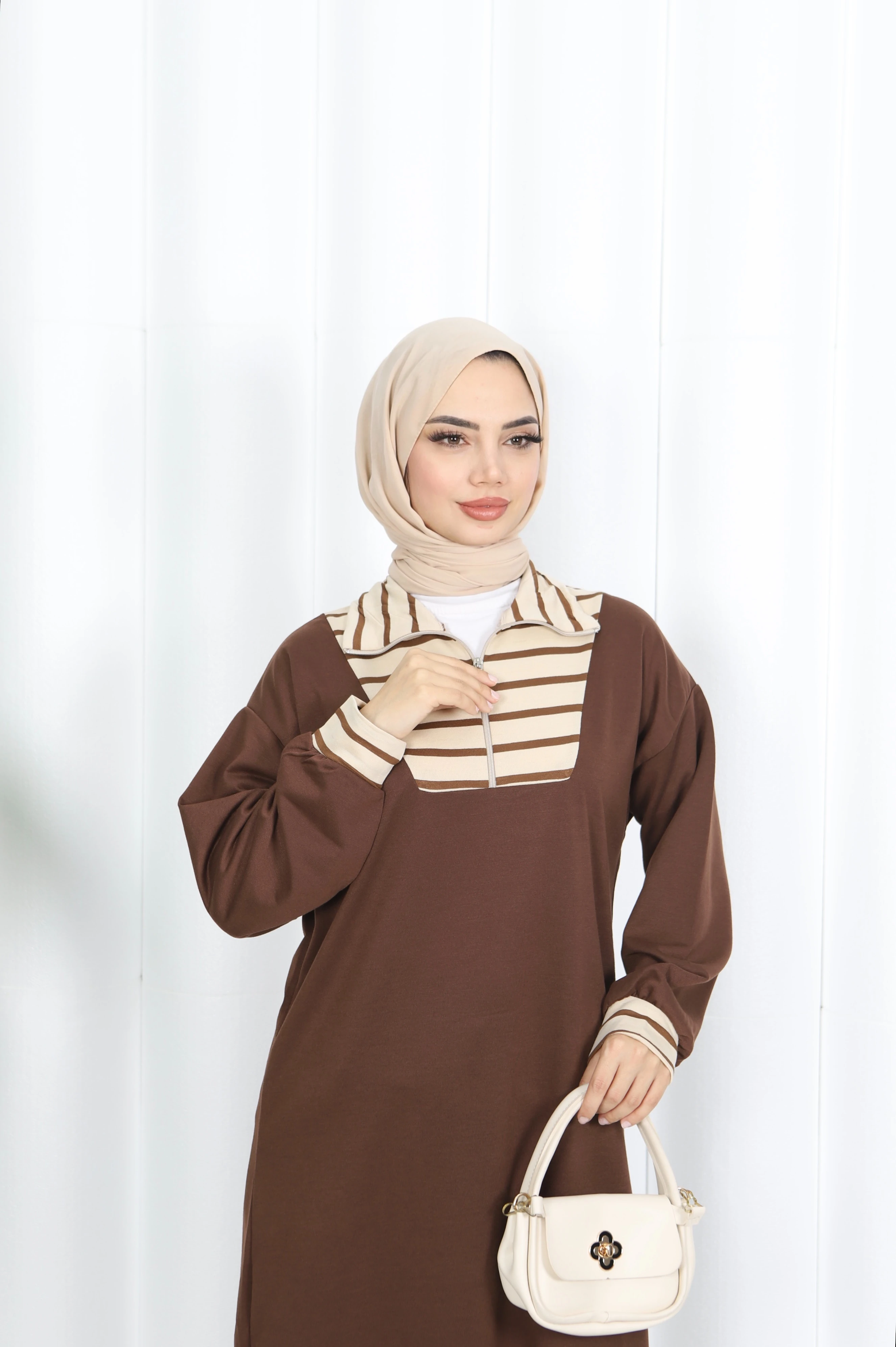 Çizgili Fermuarlı İki İp Elbise