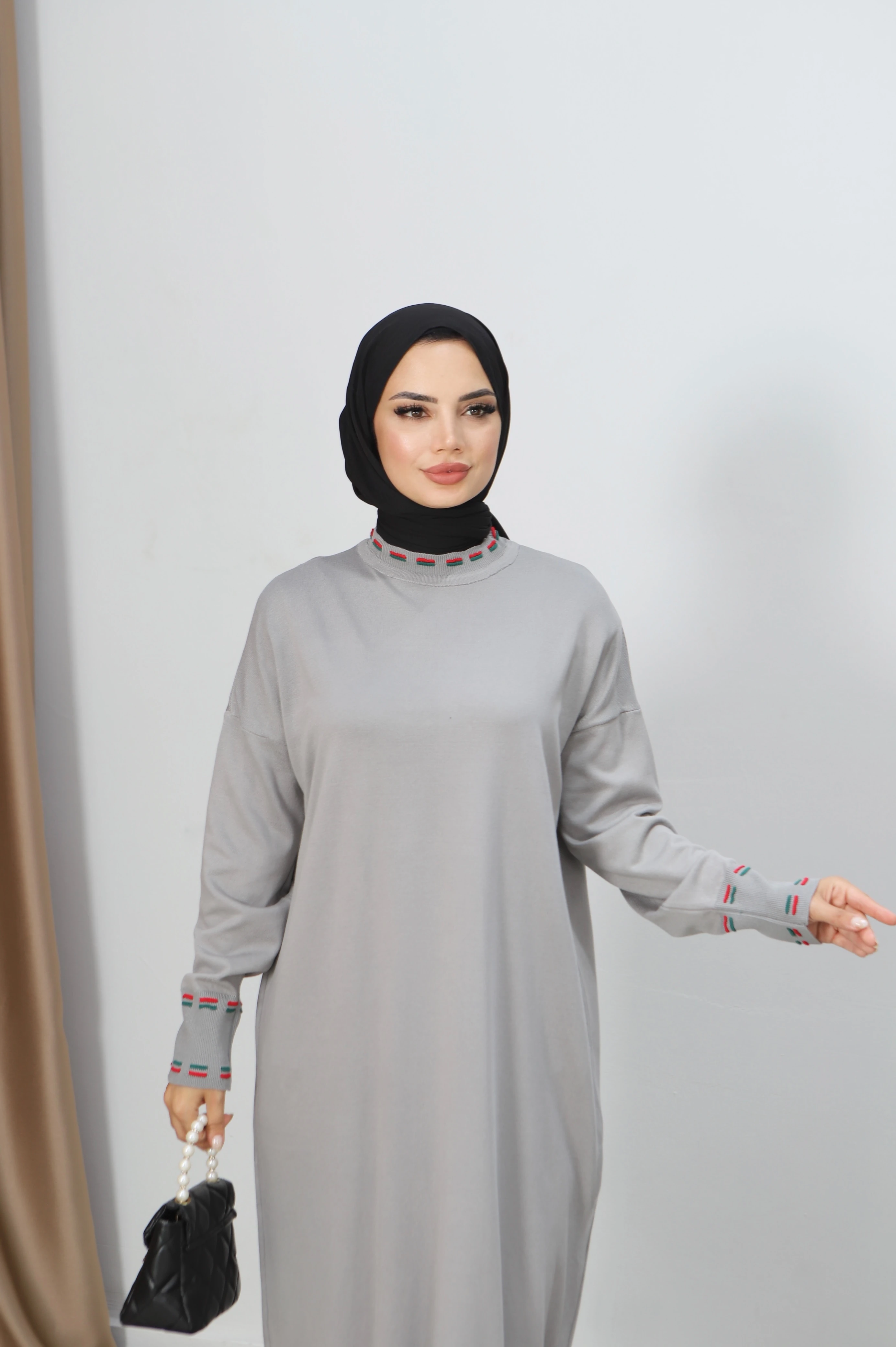 Şeritli Çift Renk Merserize Elbise