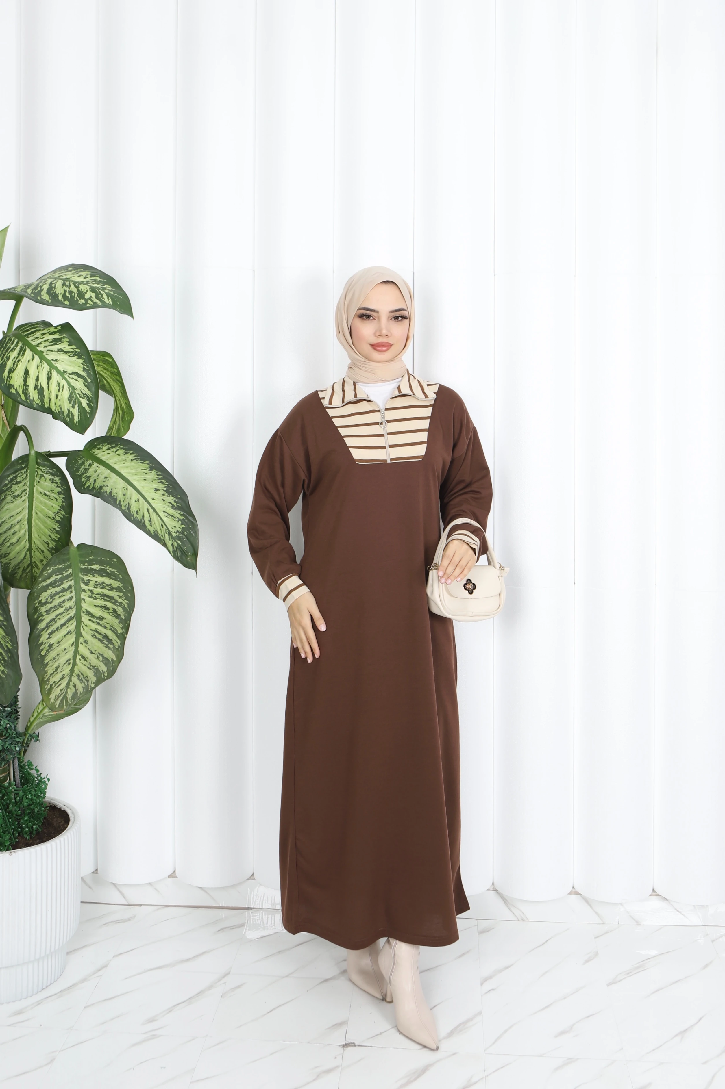 Çizgili Fermuarlı İki İp Elbise