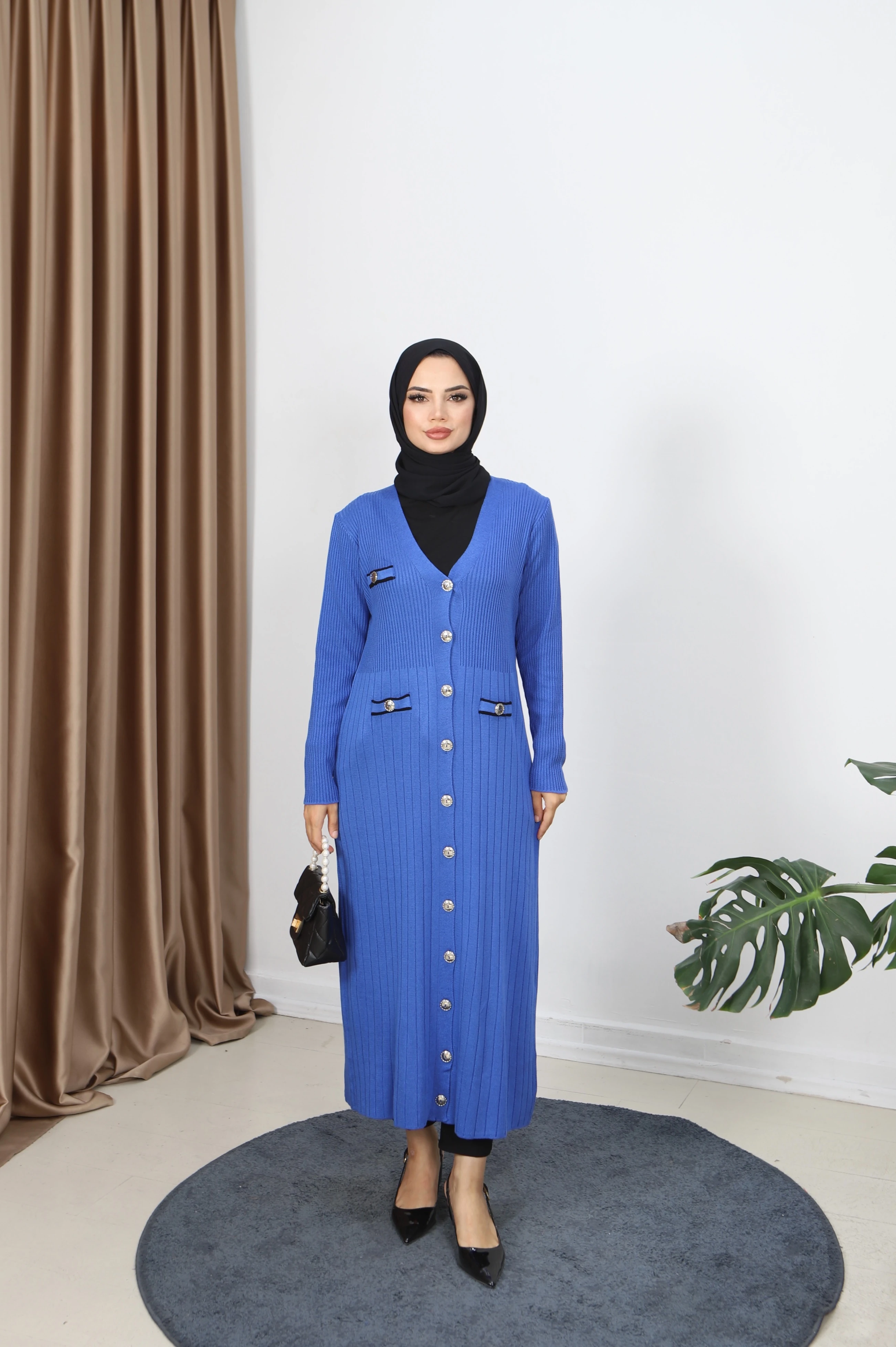 Cep Detaylı Merserize Uzun Hırka