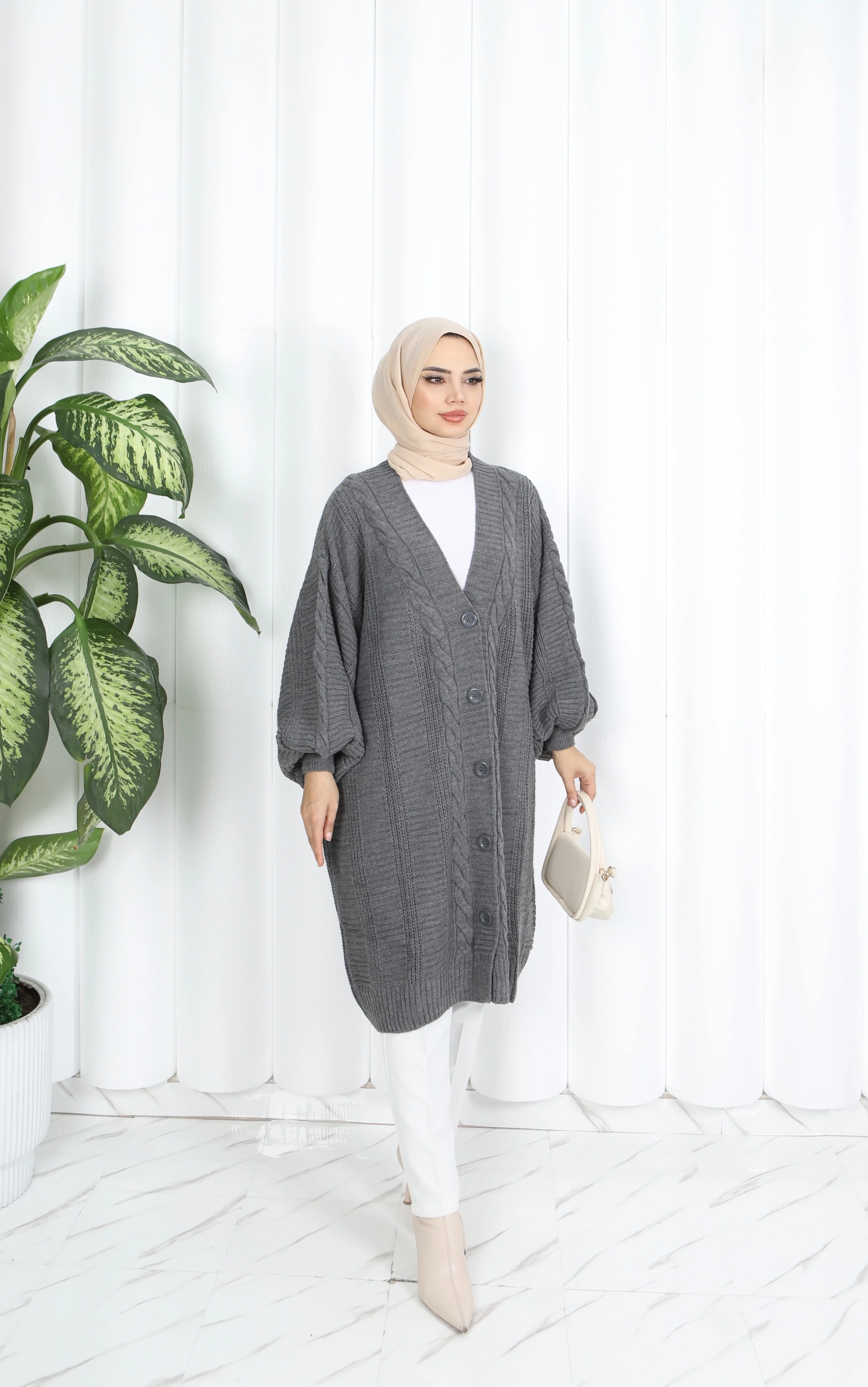 Saç Örgülü Balon Kol Hırka