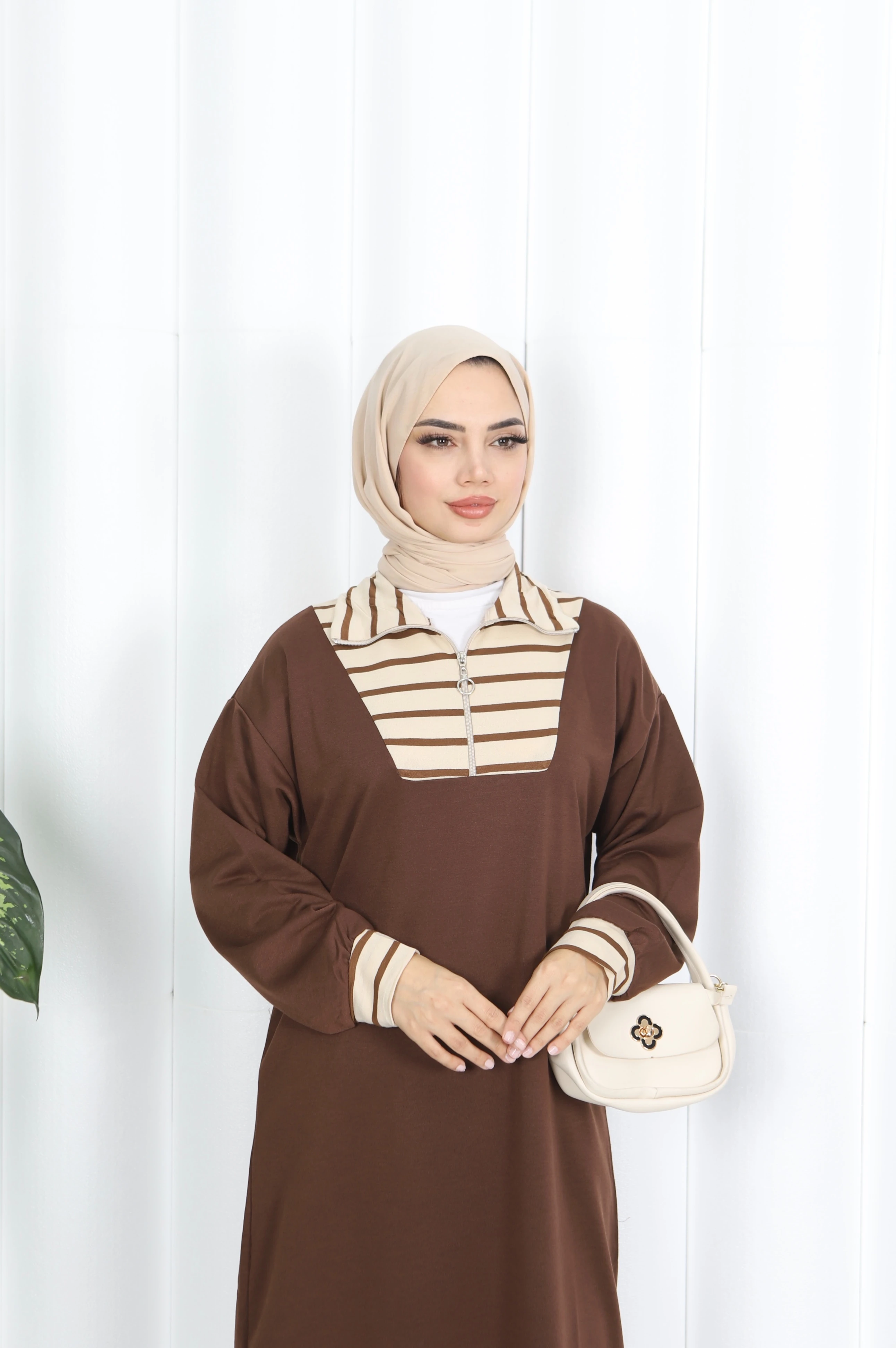 Çizgili Fermuarlı İki İp Elbise