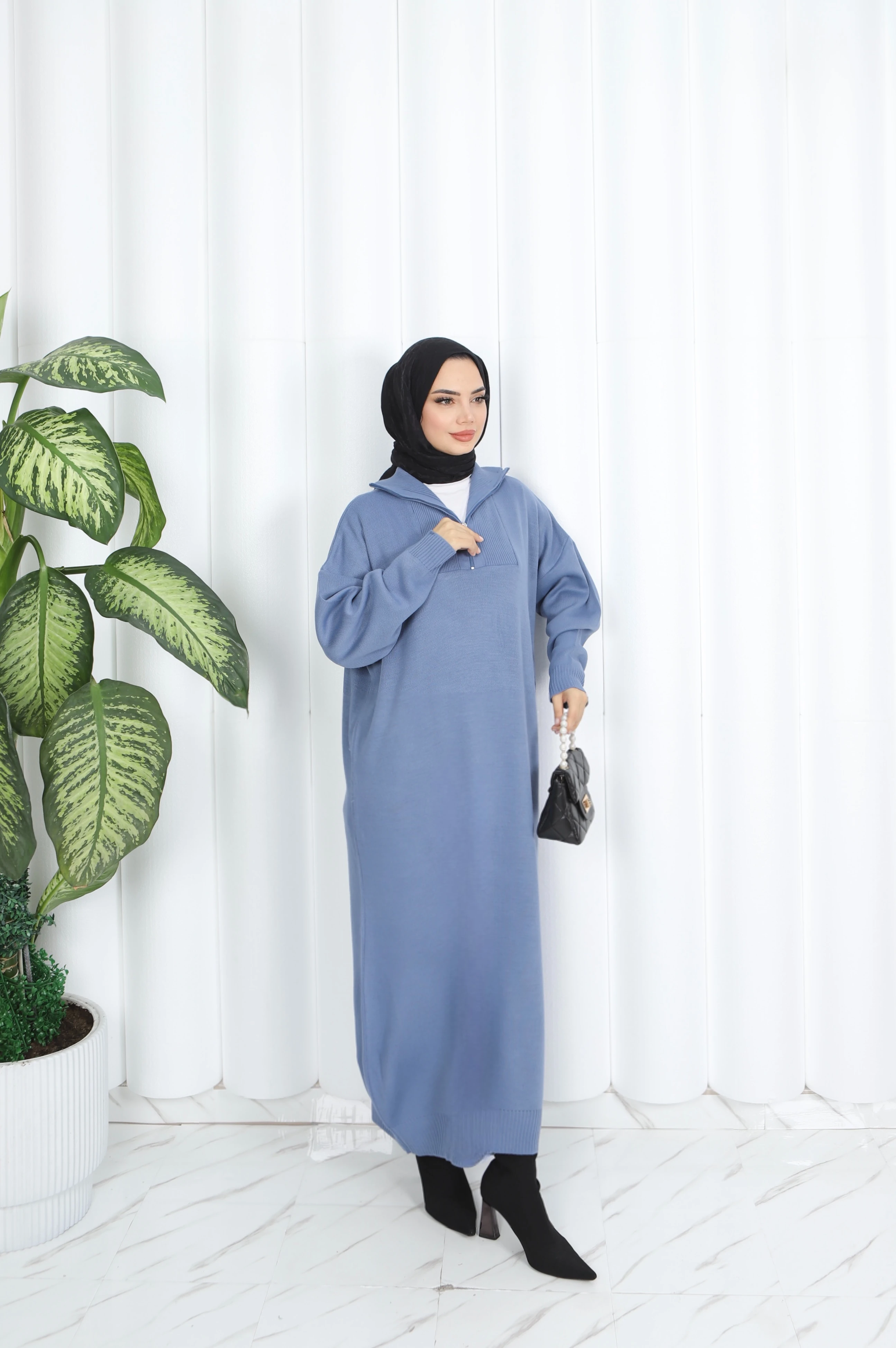 Fitilli Fermuarlı Triko Elbise