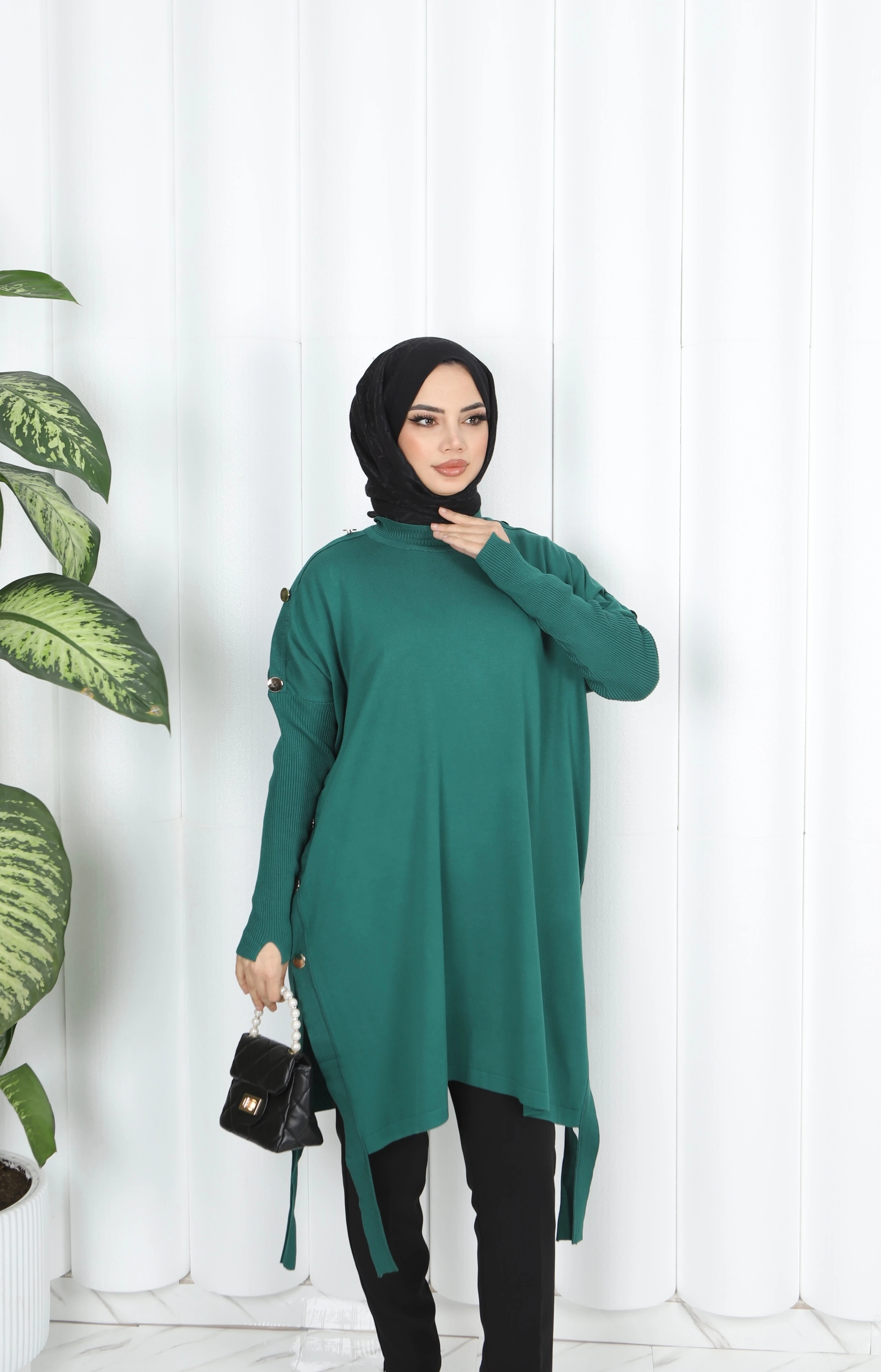 Düğme Detaylı Merserize Tunik