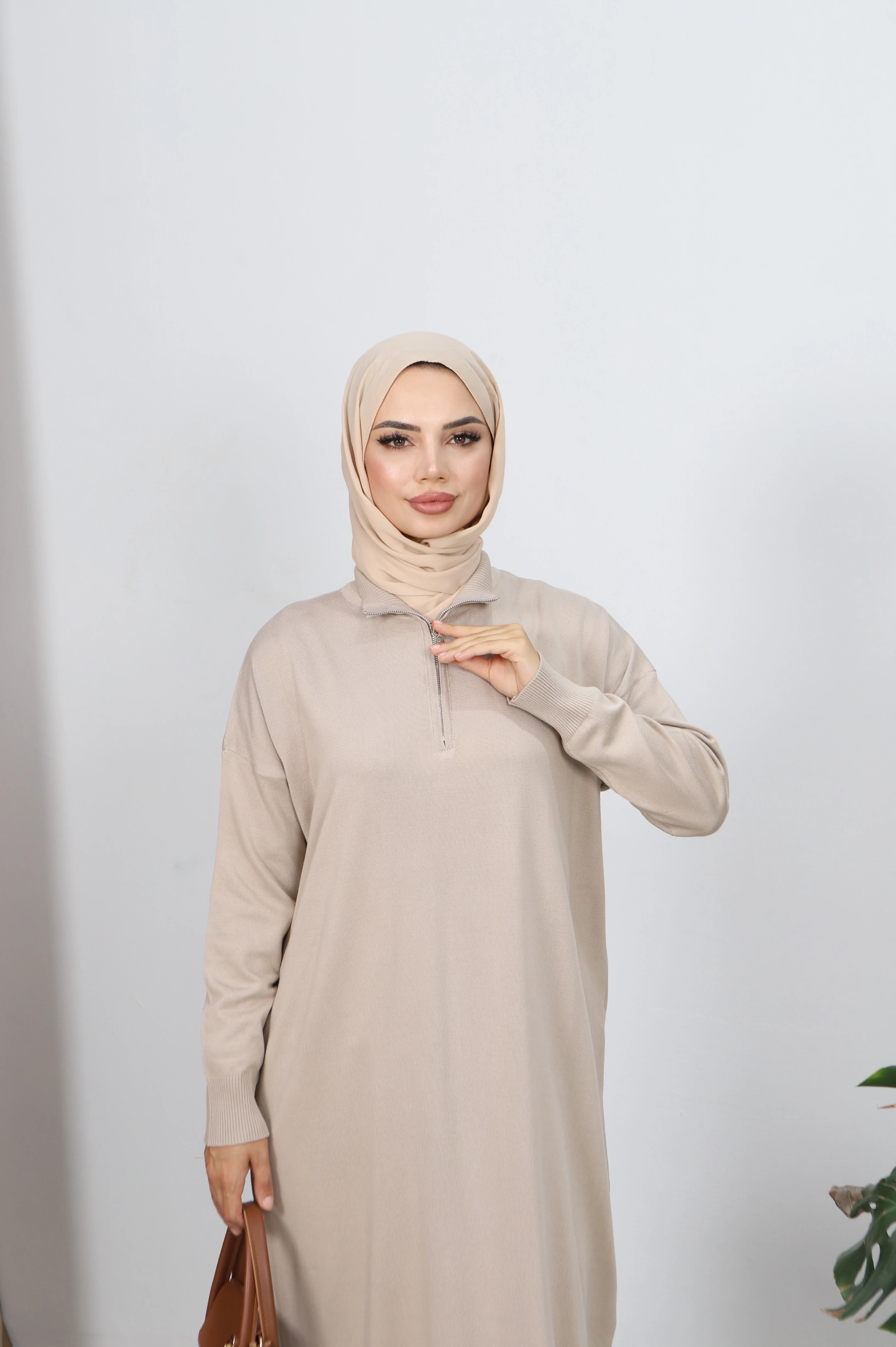 Fermuarlı Merserize Elbise