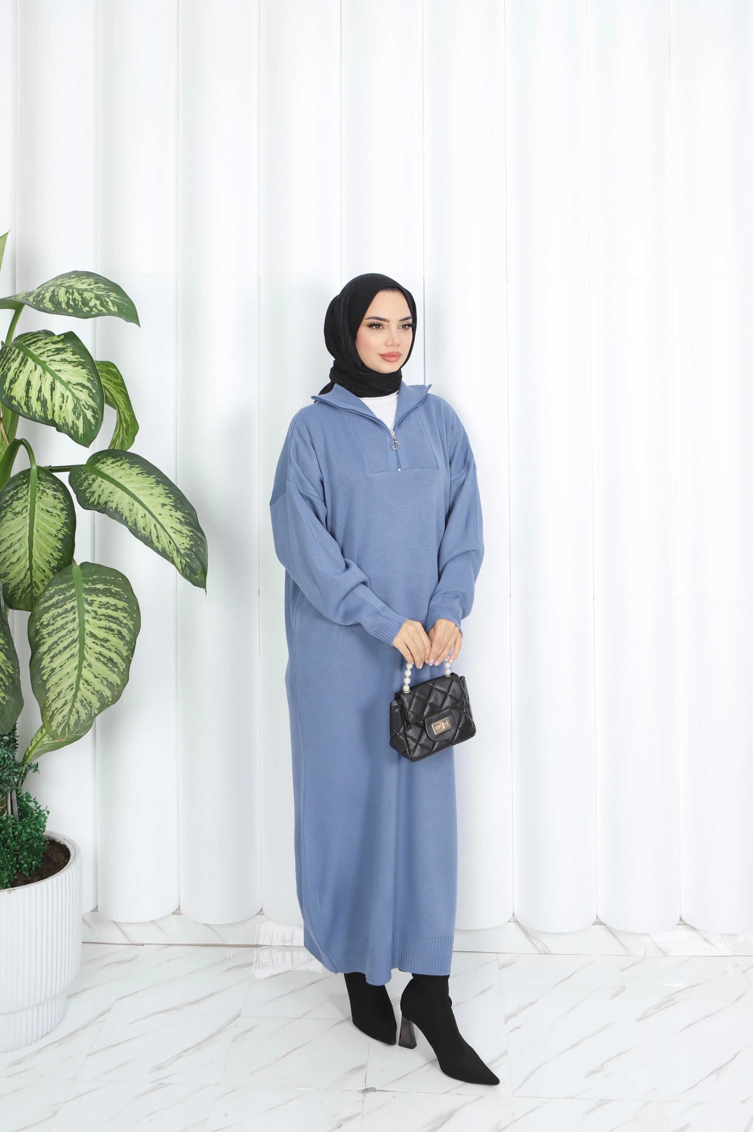 Fitilli Fermuarlı Triko Elbise