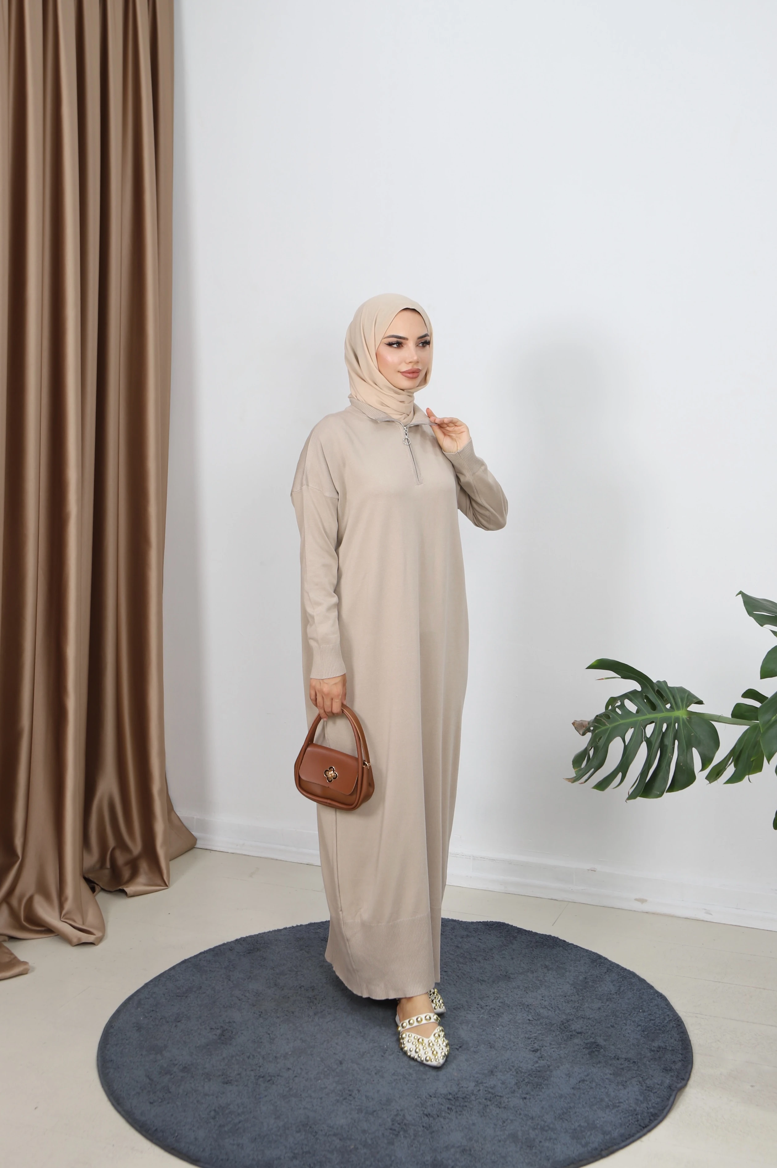 Fermuarlı Merserize Elbise