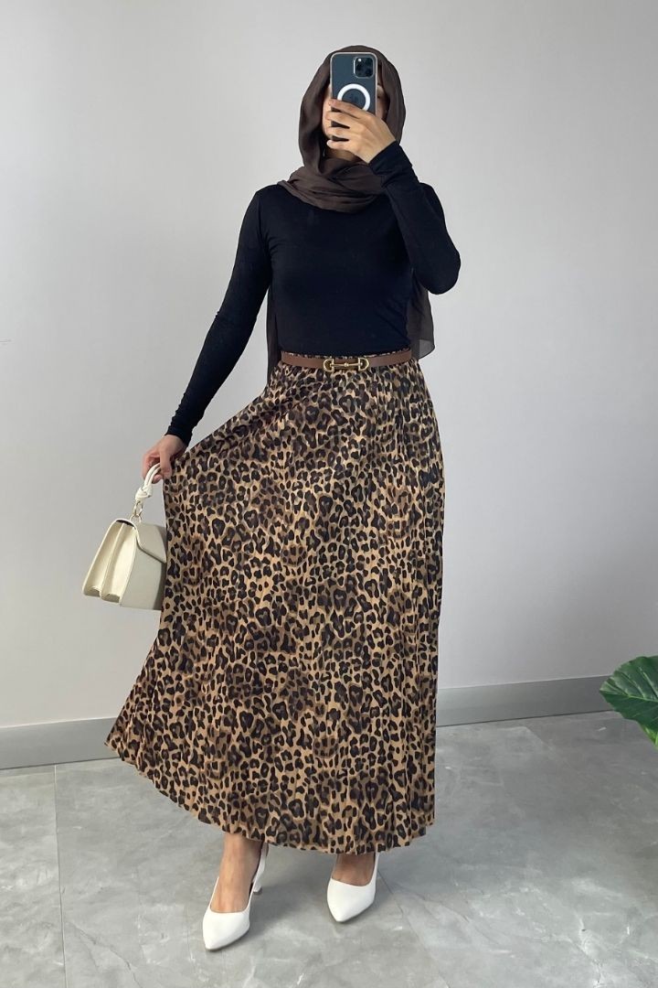 Leopar Desenli Piliseli Etek