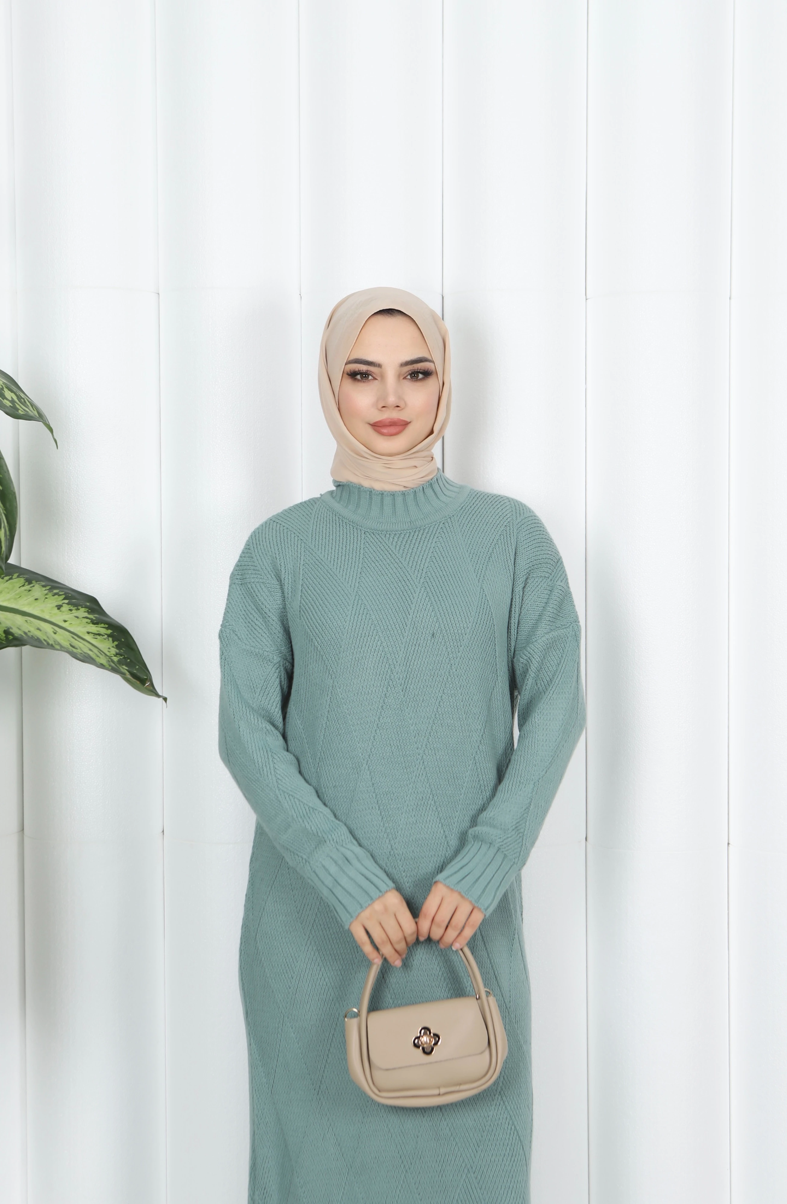 Baklava Desenli Triko Elbise