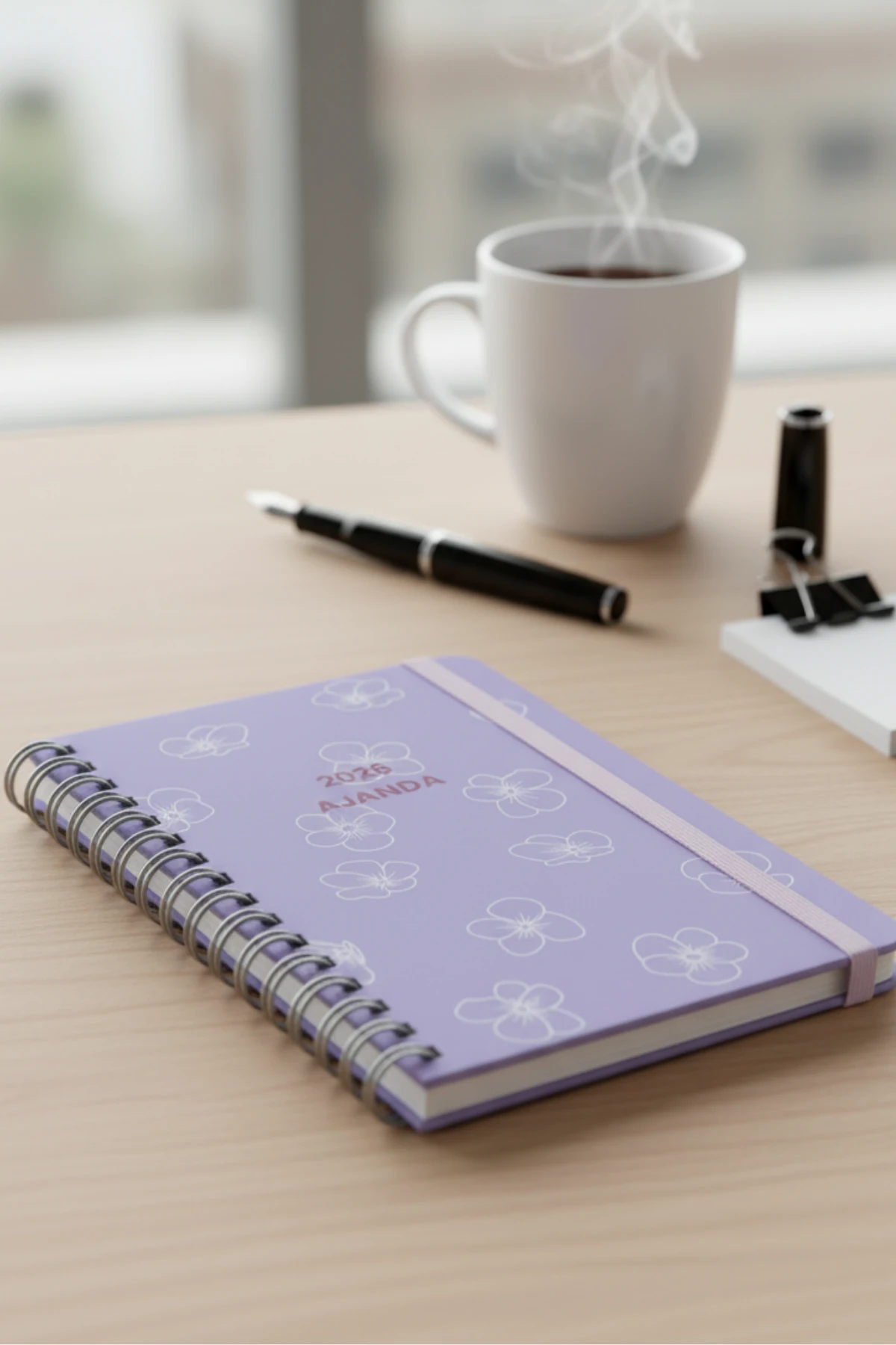 2026 Haftalık Ajandası - El Yapımı, 2 Sayfa Stickerlı - Eflatun Çiçekli