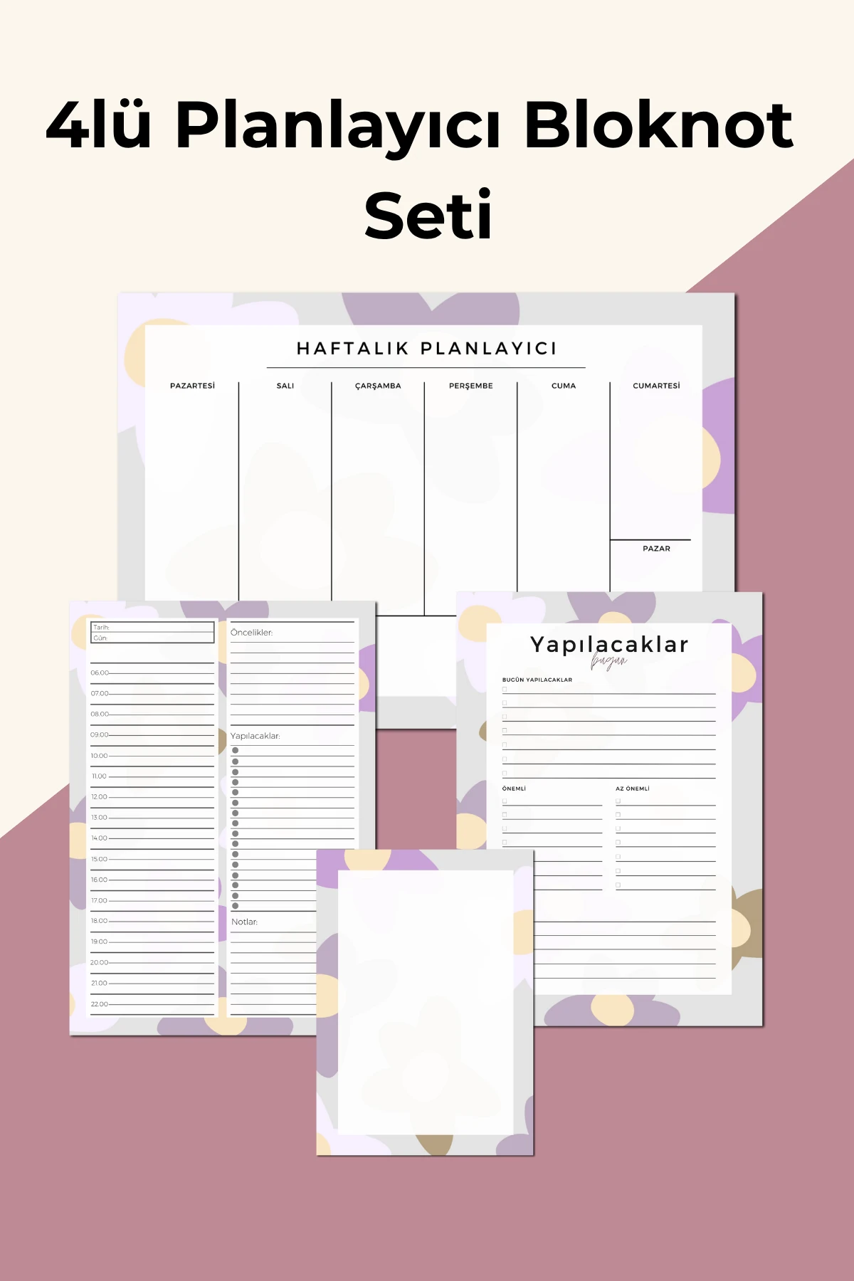 İşe Yeni Başlayanlar İçin 4’lü Planlayıcı Bloknot Seti – Not ve Yapılacaklar Listesi - Çiçekli Set - A4 Haftalık Planlayıcılı