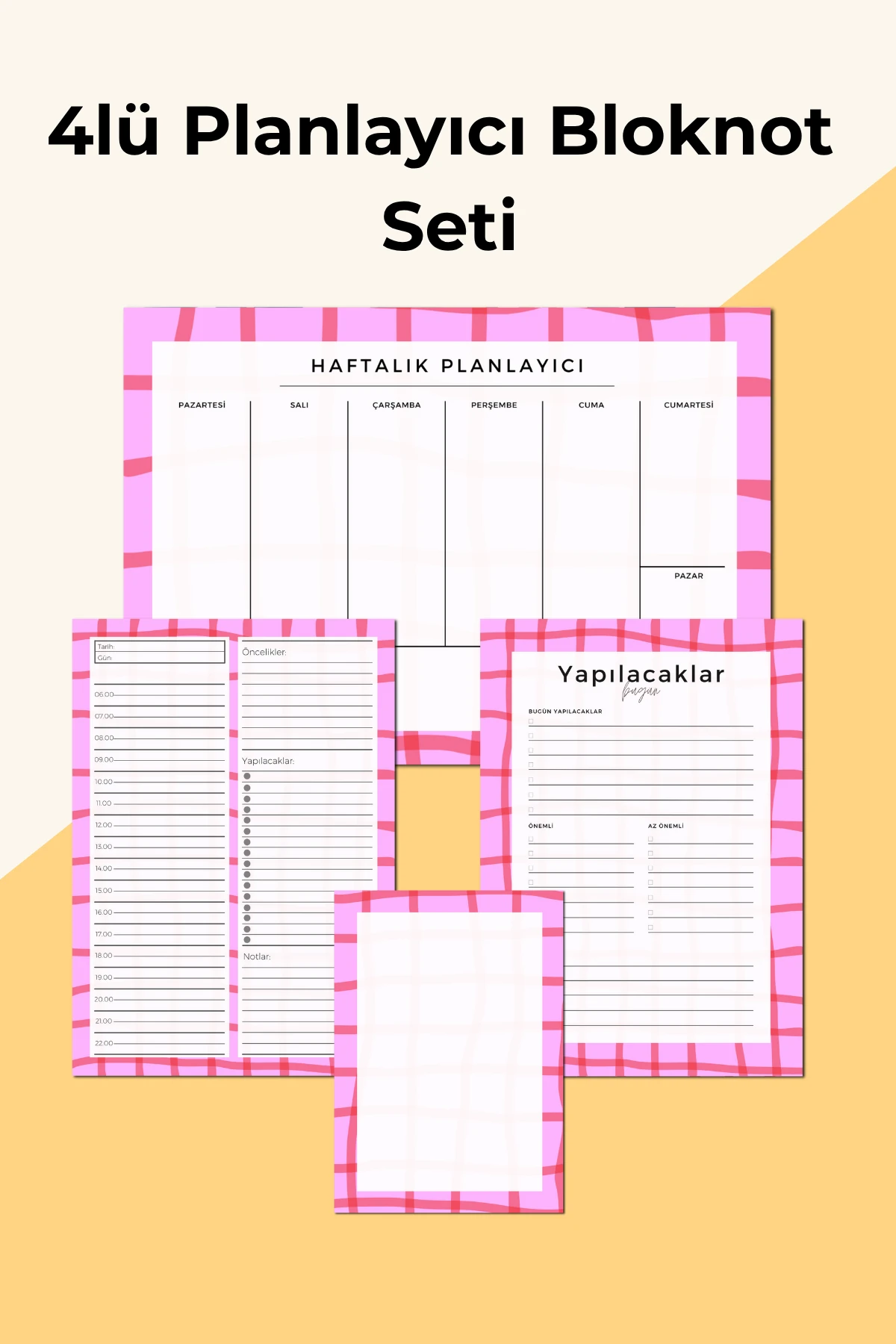 İşe Yeni Başlayanlar İçin 4’lü Planlayıcı Bloknot Seti – Not ve Yapılacaklar Listesi - Pinko Set - A4 Haftalık Planlayıcılı