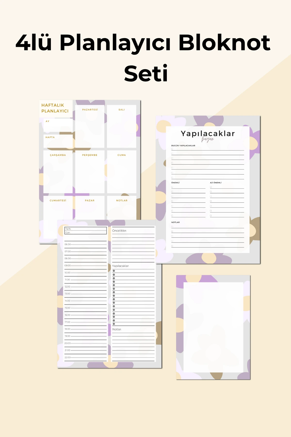 İşe Yeni Başlayanlar İçin 4’lü Planlayıcı Bloknot Seti – Not ve Yapılacaklar Listesi - Çiçekli Set - A5 Haftalık Planlayıcılı