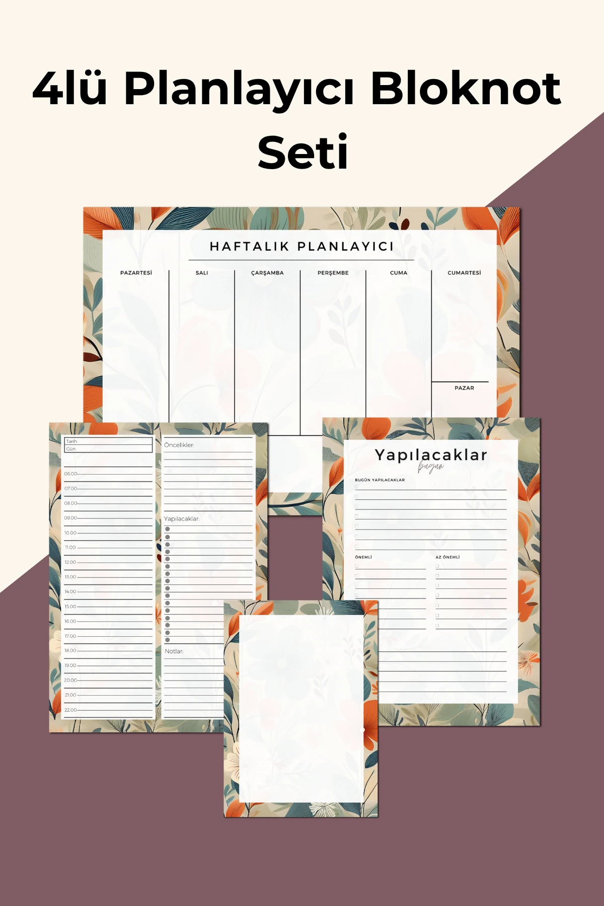 İşe Yeni Başlayanlar İçin 4’lü Planlayıcı Bloknot Seti – Not ve Yapılacaklar Listesi - Gelincik Set - A4 Haftalık Planlayıcılı