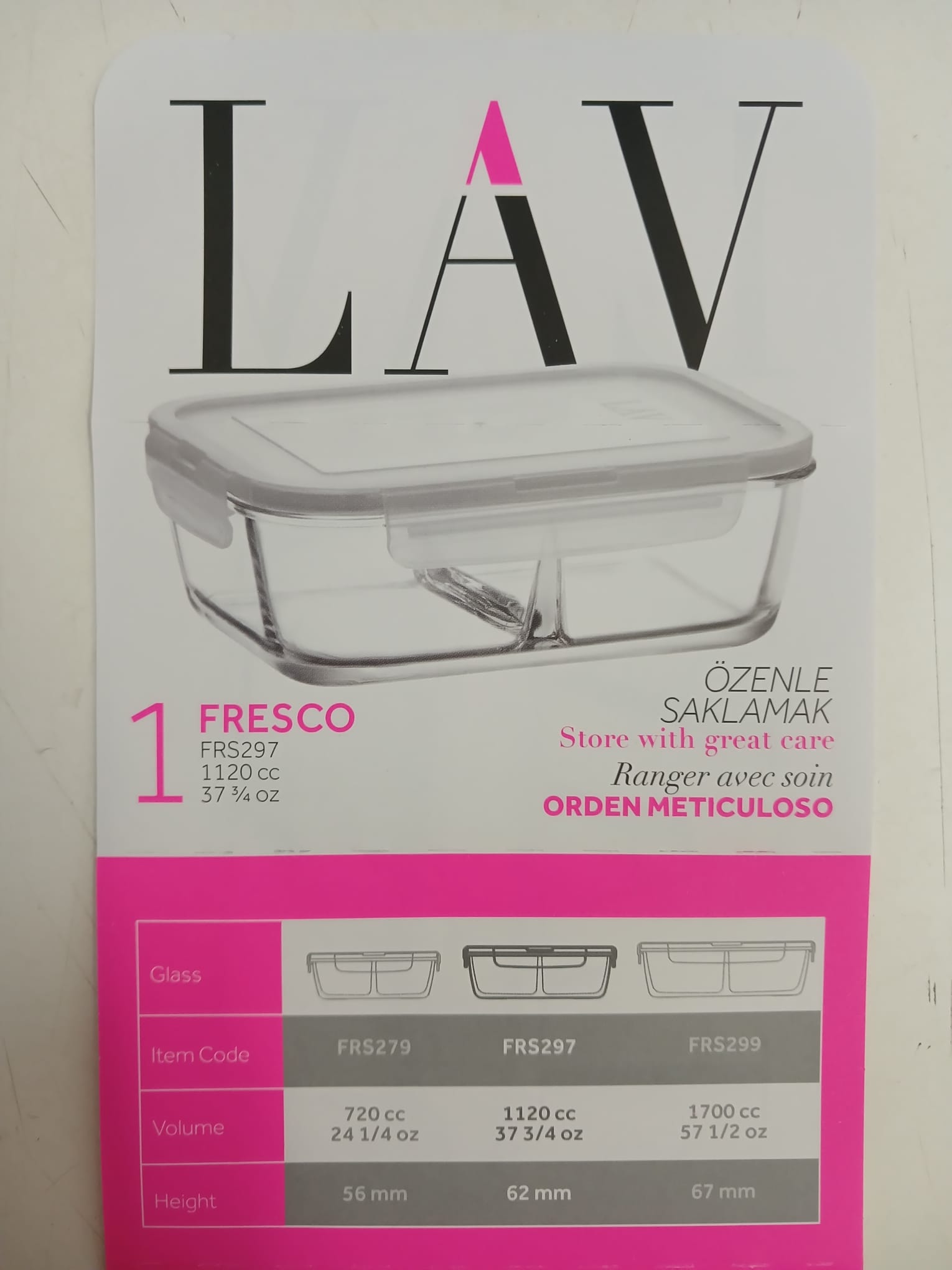 LAV FRESCO İki Bölmeli Kilitli Cam Saklama Kabı 4’lü Set 1120cc DİKDÖRTGEN (FRS-297)