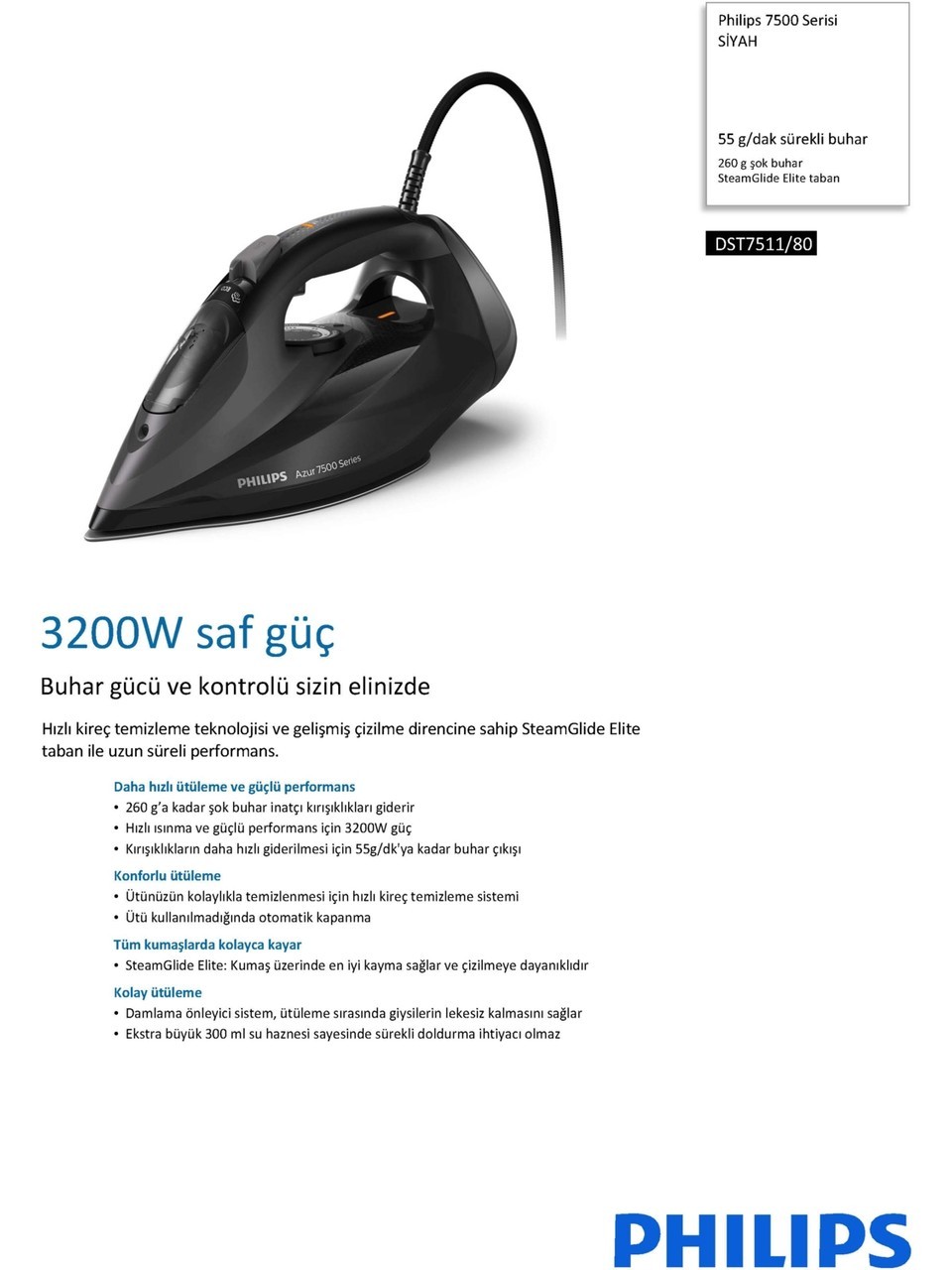 Philips Azur DST7511/80 Buharlı Ütü, 3200W, 55g/dk Sürekli Buhar