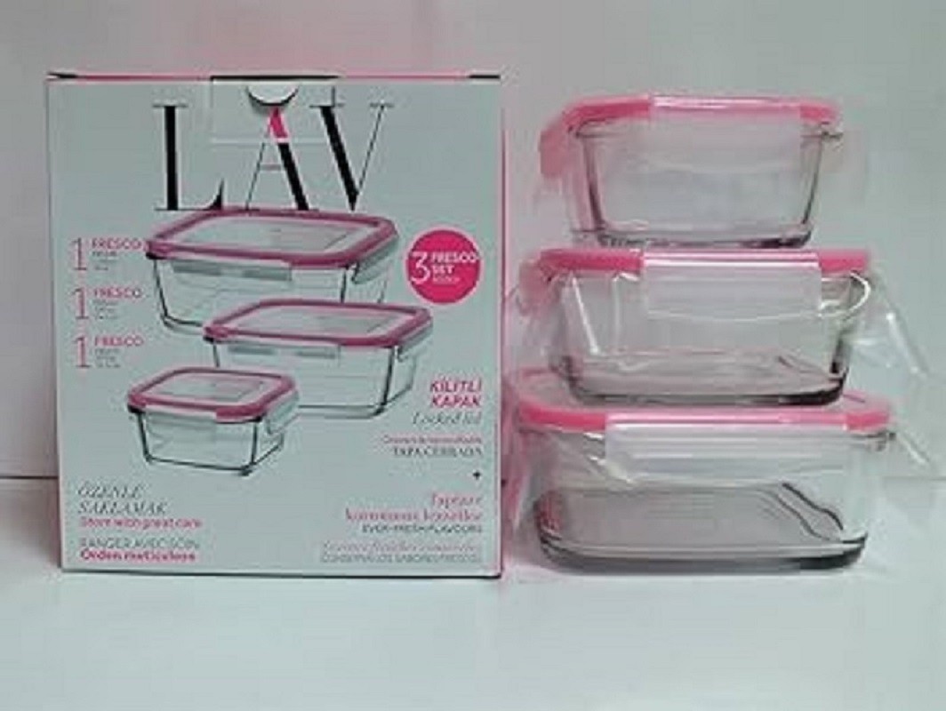 LAV Fresco Kilitli Cam Saklama Kabı Seti PEMBE Kapak 4 Adet (1150CC-720CC-400CC-375CC)