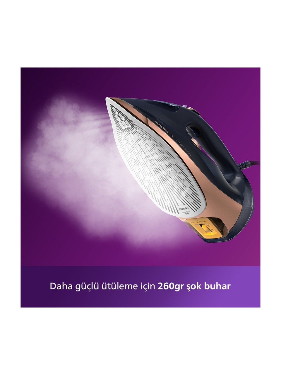 Philips 7500 Serisi Buharlı Ütü, DST7510/80, 3200W, 55g/dk Sürekli Buhar, SteamGlide Elite Taban, 260g Şok Buhar, Mavi/Altın Rengi, 300ml'lik Ekstra Geniş Su Haznesi, 