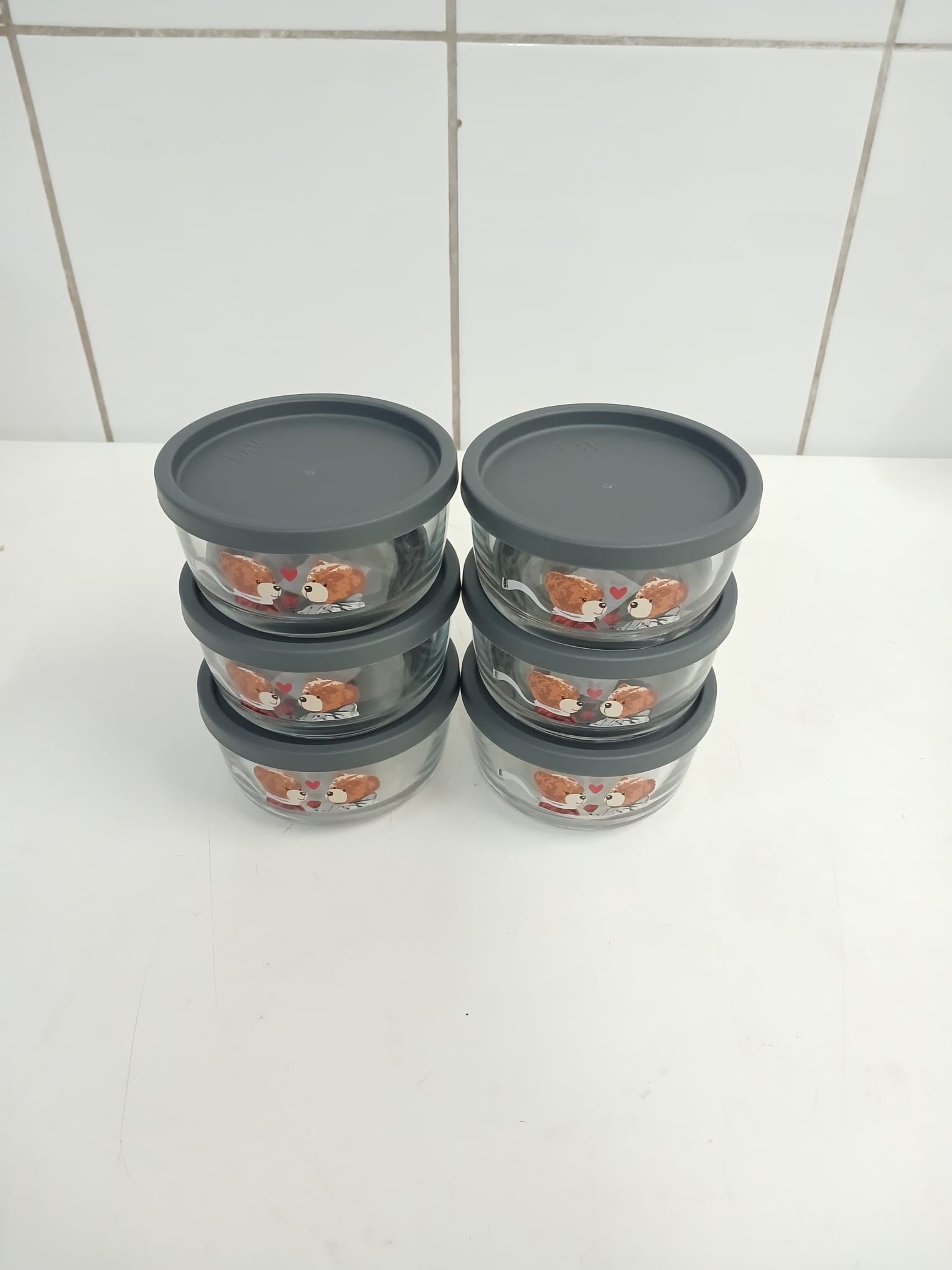LAV ROUND Saklama Kabı Seti 6 adet AYICIK Desenli 380cc Saklama Kabı ANTRASİT KAPAK